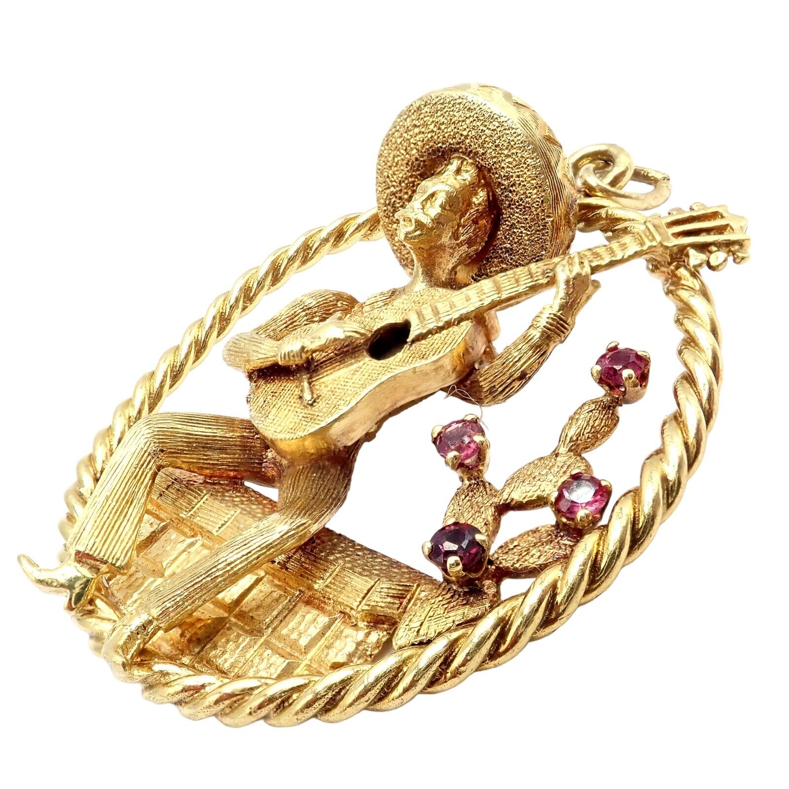 Authentic Rudi Cherny 18k Yellow Gold Guitar Player Cactus Ruby Pendant Necklace - Perfect for Music Lovers & Western Style Jewelry Gifts