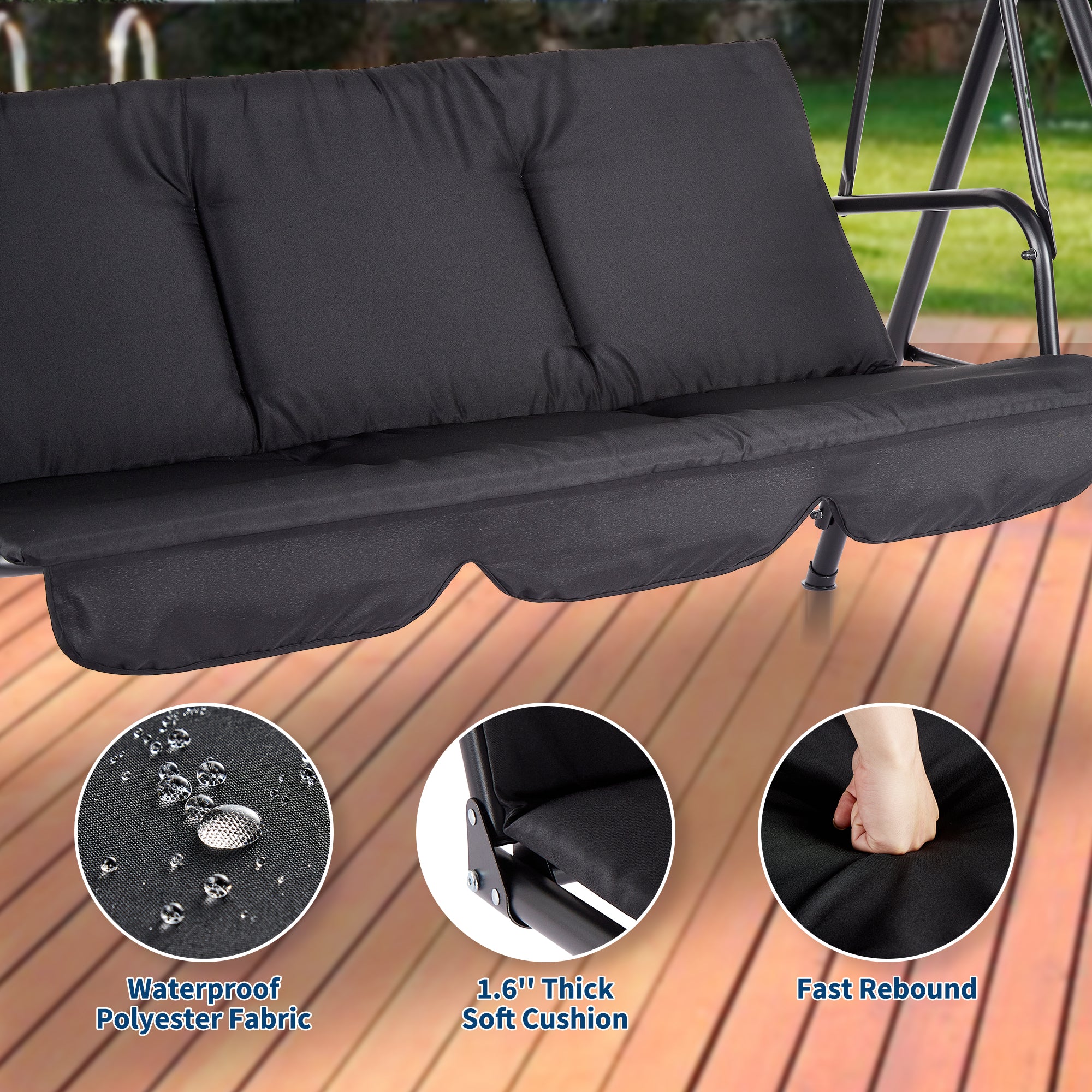 GARVEE 3-Person Outdoor Patio Swing Chair with Adjustable Tilt Canopy - Convertible Hanging Glider Lounge for Porch, Backyard & Garden - Weather-Resistant Black Steel Frame - Perfect for Relaxing, Reading & Outdoor Entertaining