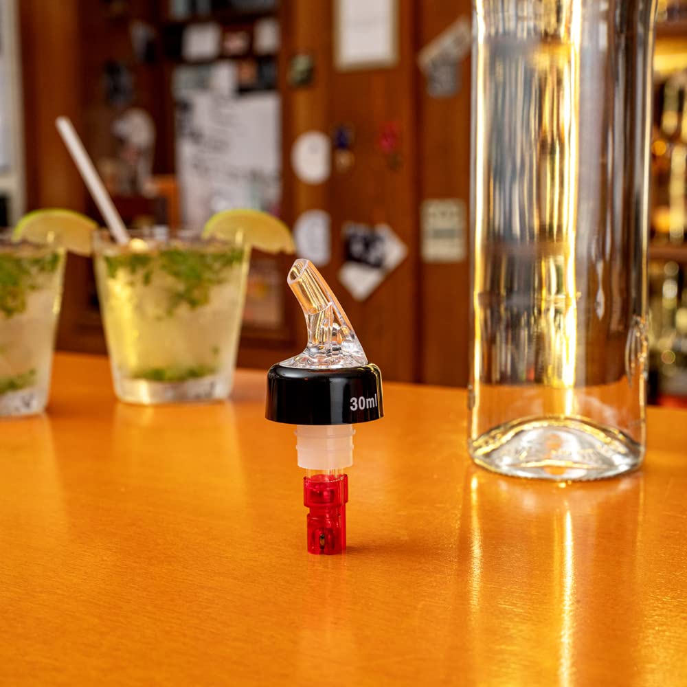Restaurantware Bar Lux 1 Ounce Liquor Pour Spouts - 50 Pack Leak-Proof Measured Pourers for Alcohol Bottles | Fast Pouring Red Plastic Spouts for Bars, Restaurants & Home Use | Perfect for Cocktail Making, Bartending & Kitchen Organization