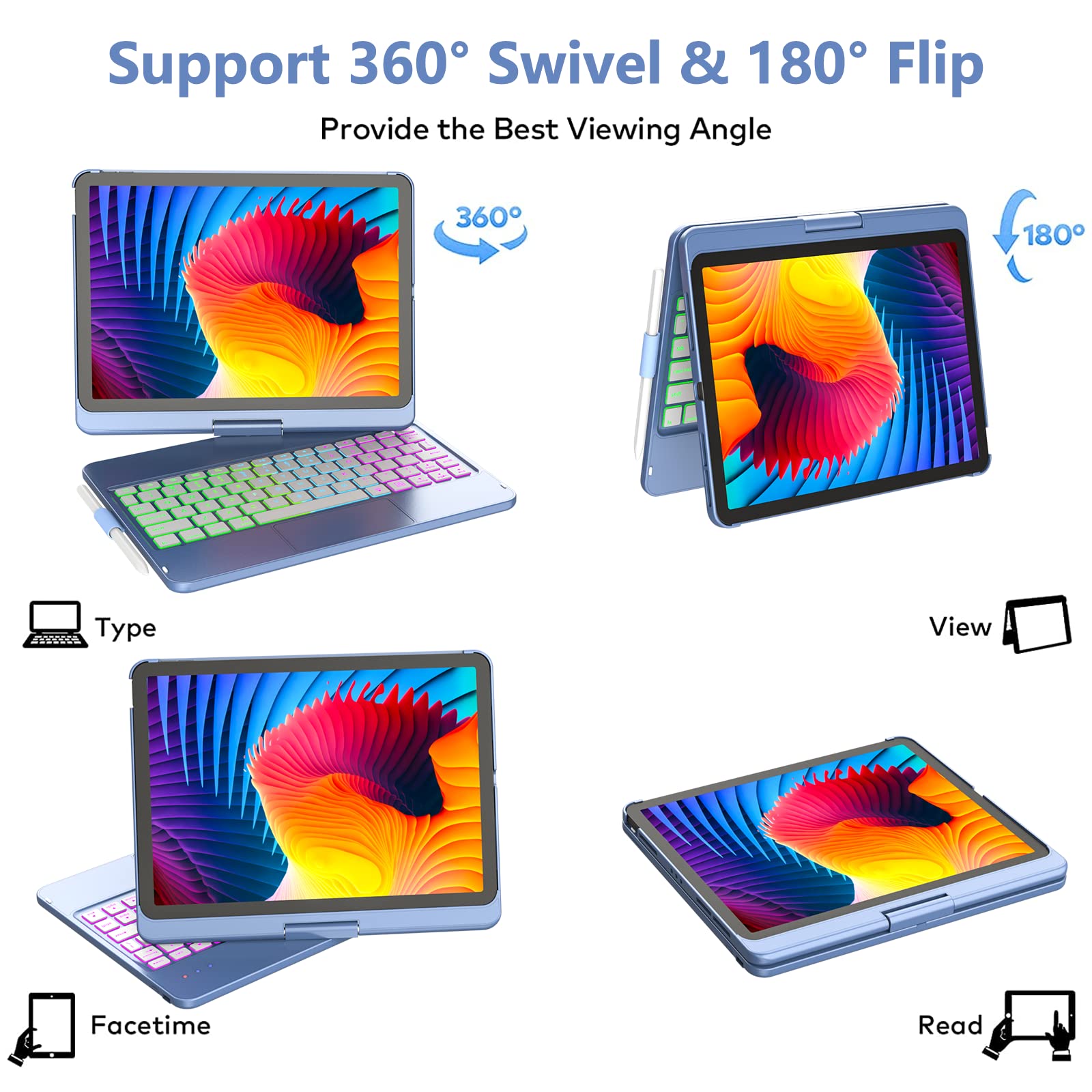 iPad Pro 11 Inch Keyboard Case with Touch Trackpad & 10-Color Backlight - Compatible with iPad Air 5th/4th Gen & iPad Pro 11 (1st/2nd/3rd Gen) - 360° Protection & Pencil Holder - Perfect for Work, Study & Travel
