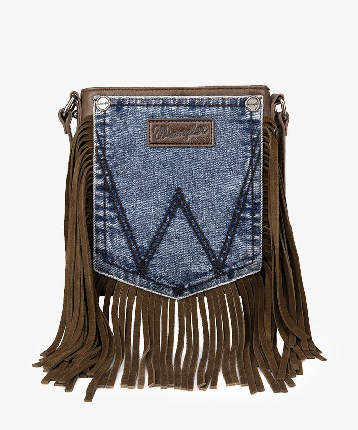 Wrangler Fringe Denim Crossbody Bag for Women - Vintage Style Jean Pocket Purse with Tassels - Perfect for Music Festivals, Concerts & Casual Outings