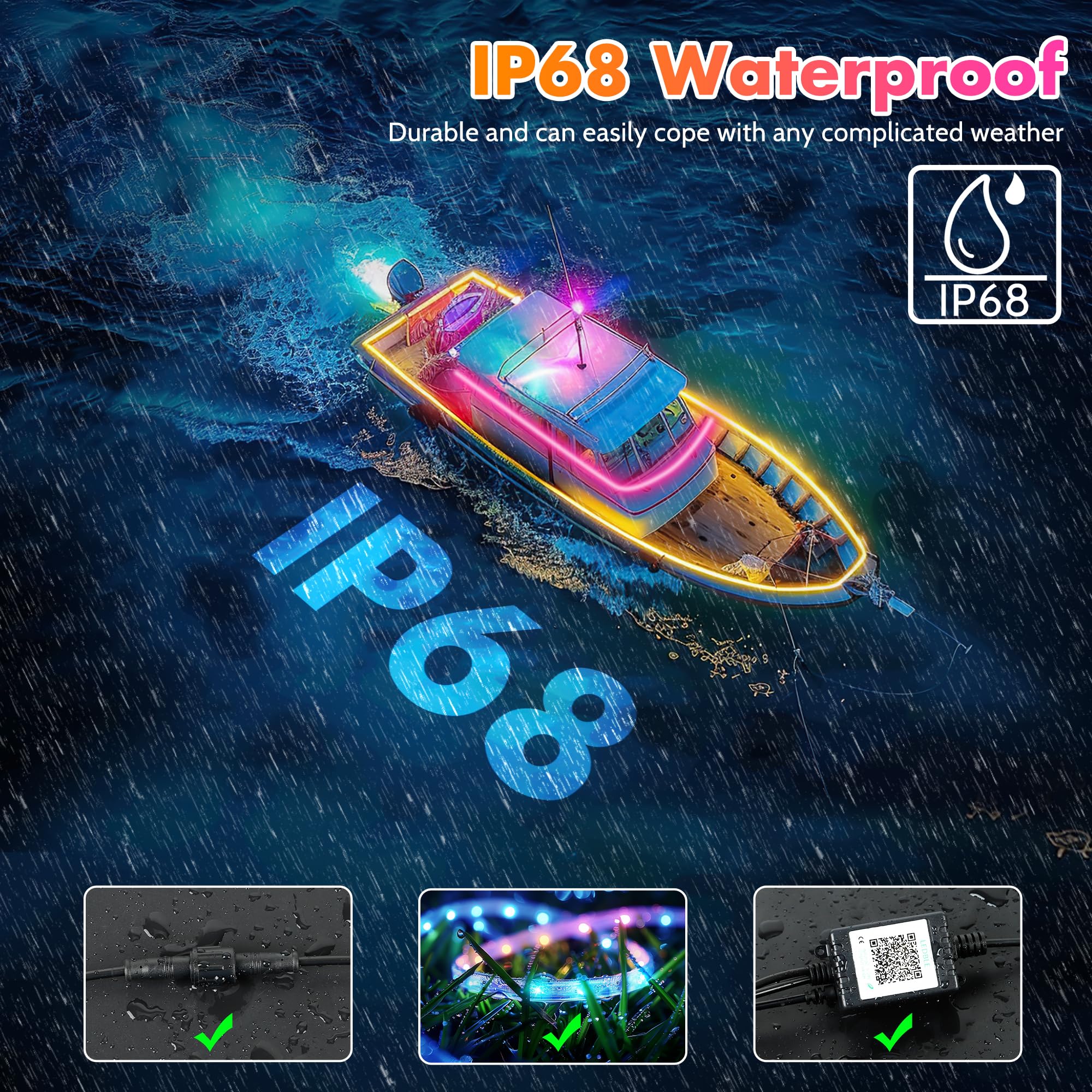 Smart LED Boat Strip Lights 65.6ft RGB IP68 Waterproof - for Marine Interior & Night Fishing