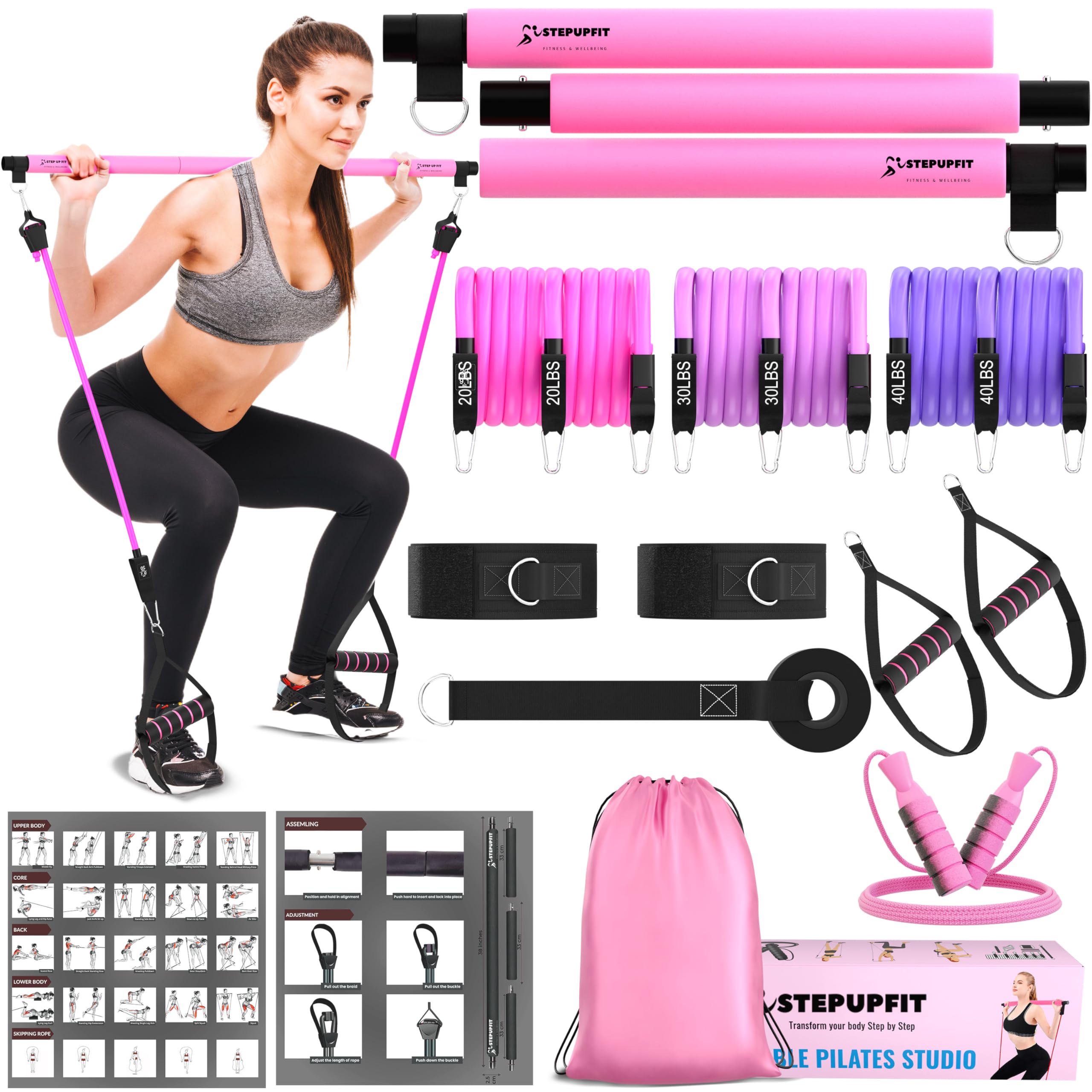3-Section Yoga Pilates Bar Set with Resistance Bands & Jump Rope - Portable Home Gym Equipment for Full Body Workout - Perfect for Strength Training, Stretching & Cardio at Home or Travel