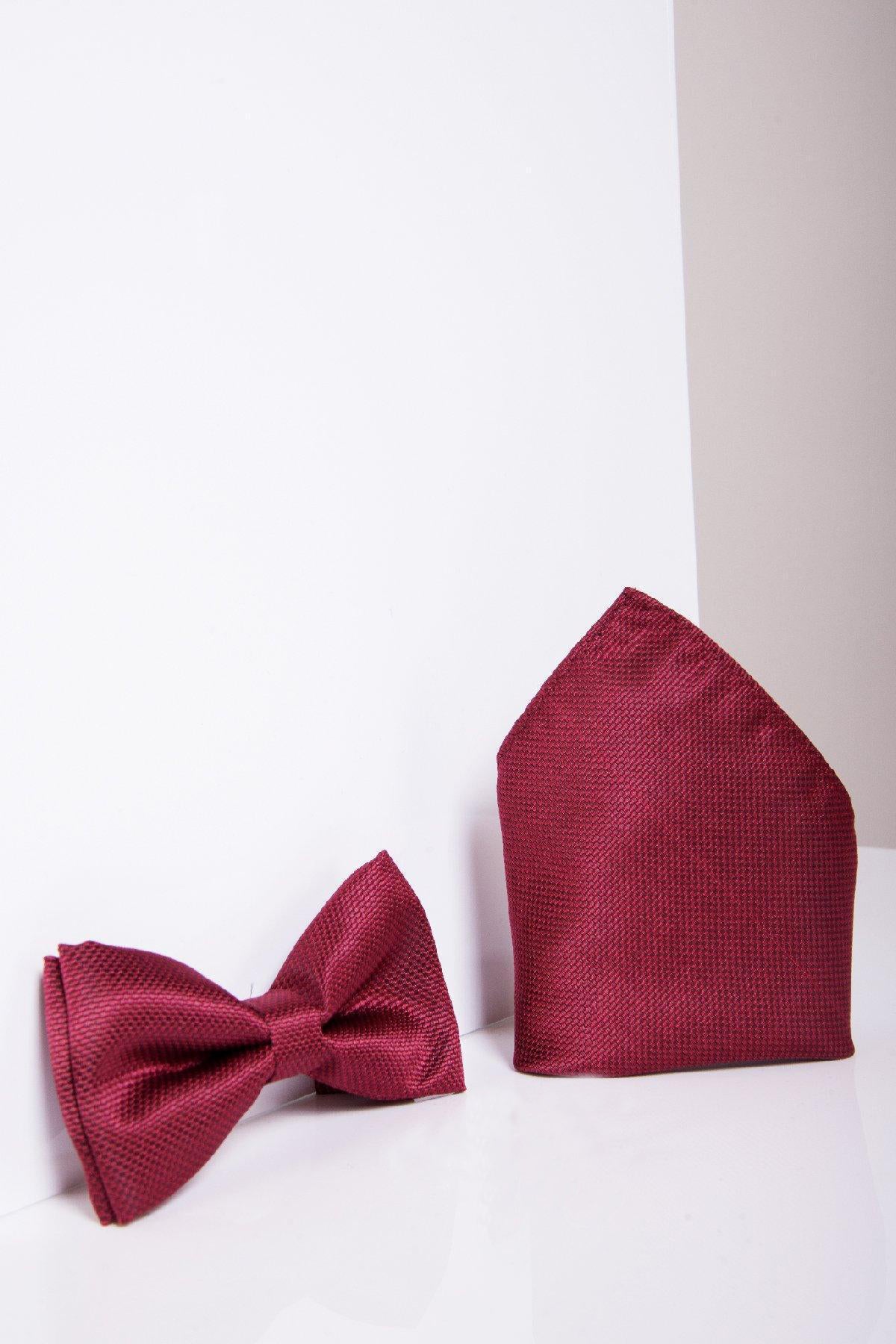 Stylish TOBY Birdseye Print Bow Tie and Pocket Square Set in Wine Red - Perfect for Weddings, Prom, and Formal Events