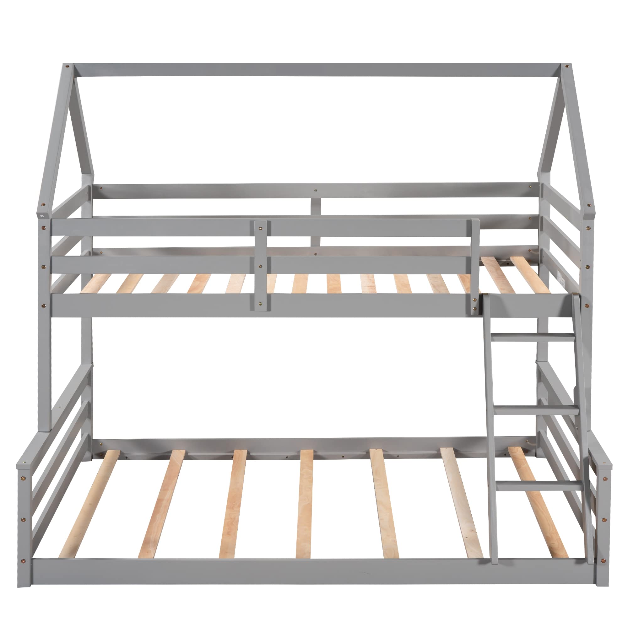 Low Bunk Bed Twin Over Full - Sturdy Wooden House Bunk Bed Frame with Ladder & Safety Guardrail - Space-Saving Loft Bed for Kids, Teens, Students & Guest Rooms - No Box Spring Needed - Gray - Perfect for Small Bedrooms, Dormitories & Vacation Homes