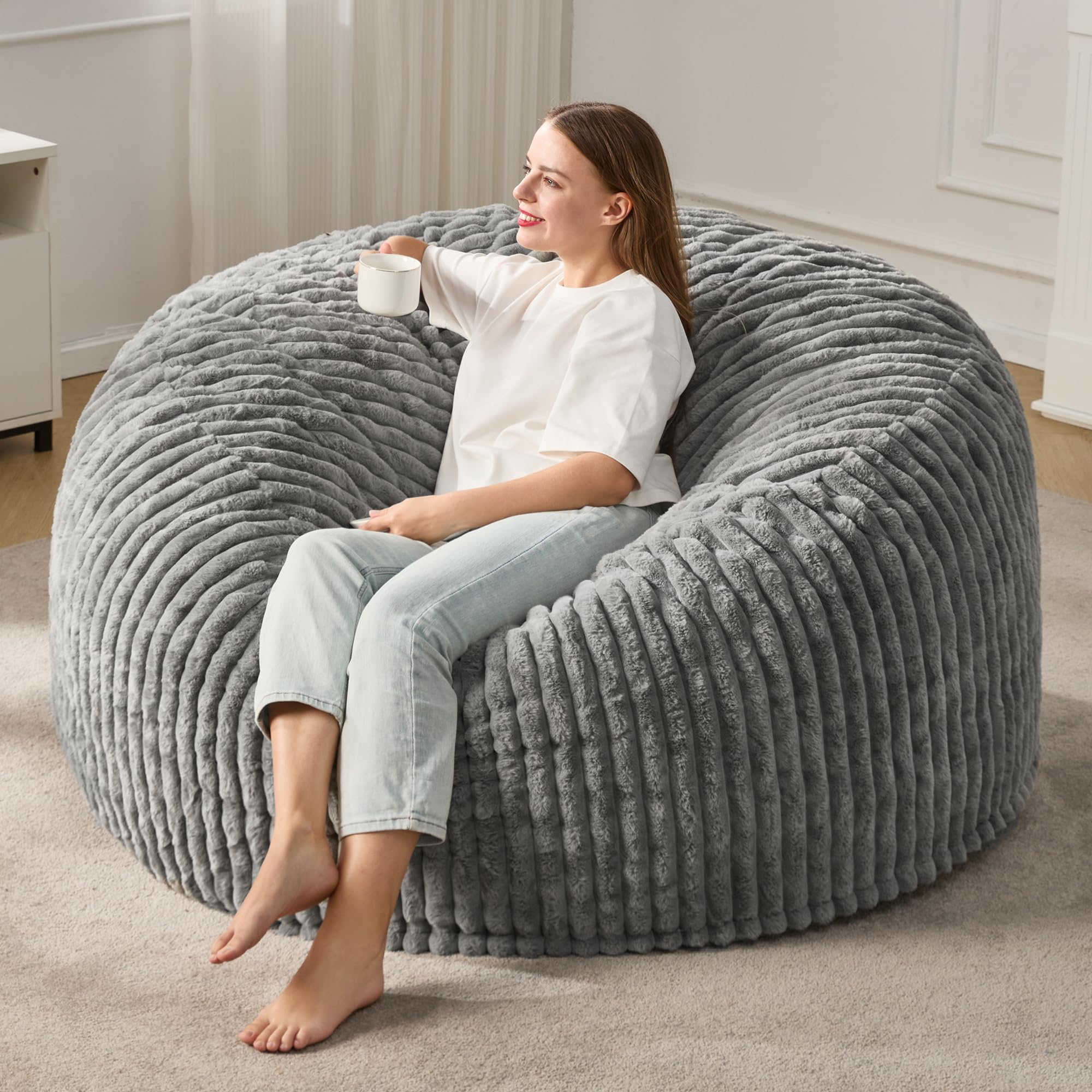 Hobestluk 5ft Large Bean Bag Chair for Adults - Soft Plush Stripe Cover, Oversized Lounger for Living Room, Bedroom, Dorm & Office - Grey (50