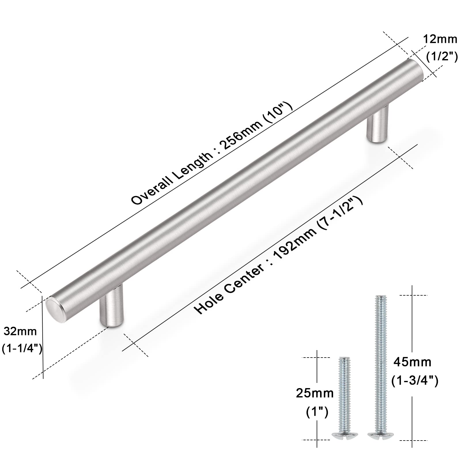 5 Pack Brushed Nickel T Bar Drawer Handles - 7-9/16