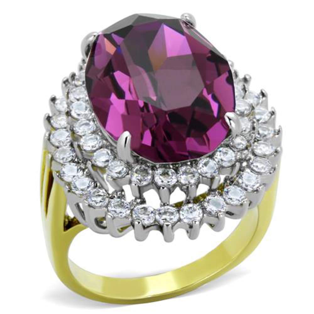 Marimor Women's Stainless Steel Two-Tone Oval Amethyst Crystal Ring - Elegant Cocktail Jewelry for Parties, Weddings & Evening Events