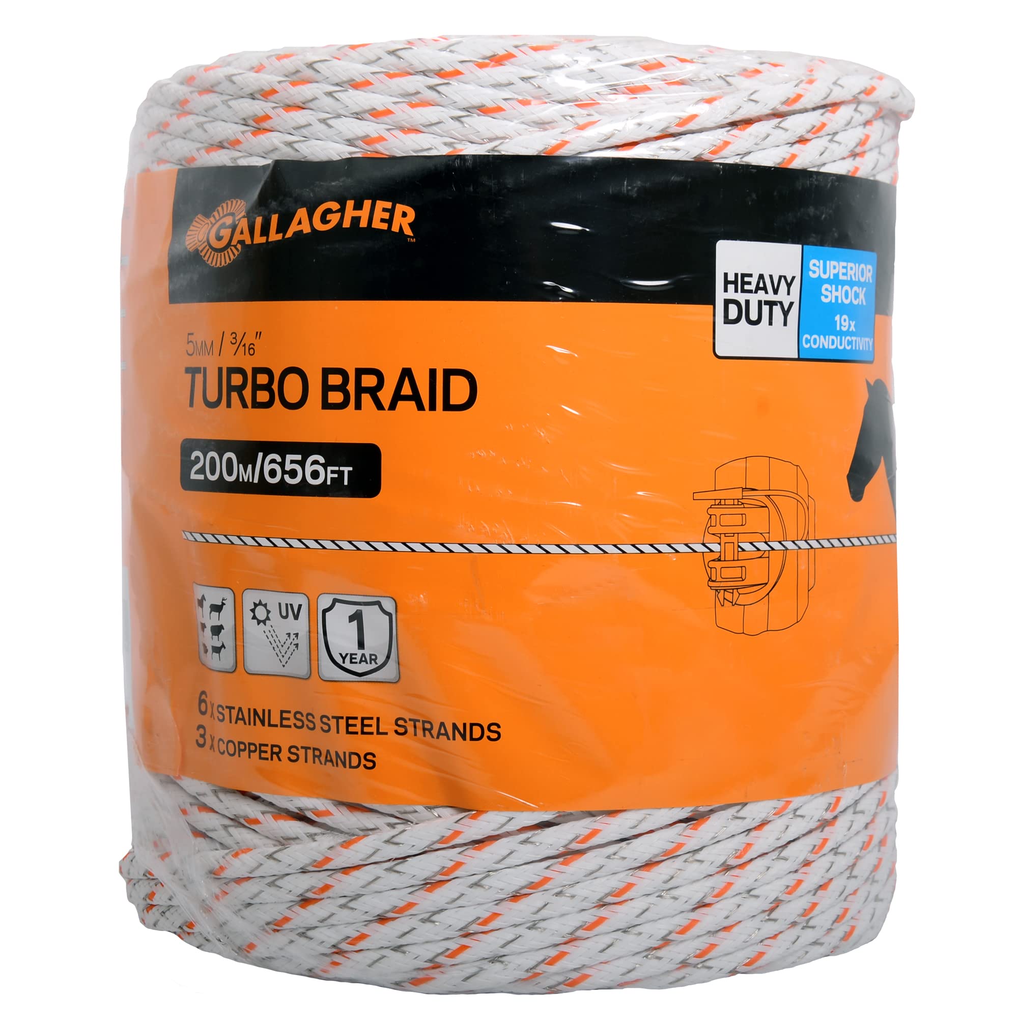 Gallagher Electric Fence Turbo Equine Braid - Heavy Duty 656ft Horse Fencing with Superior Conductivity & Extreme Power | 3/16