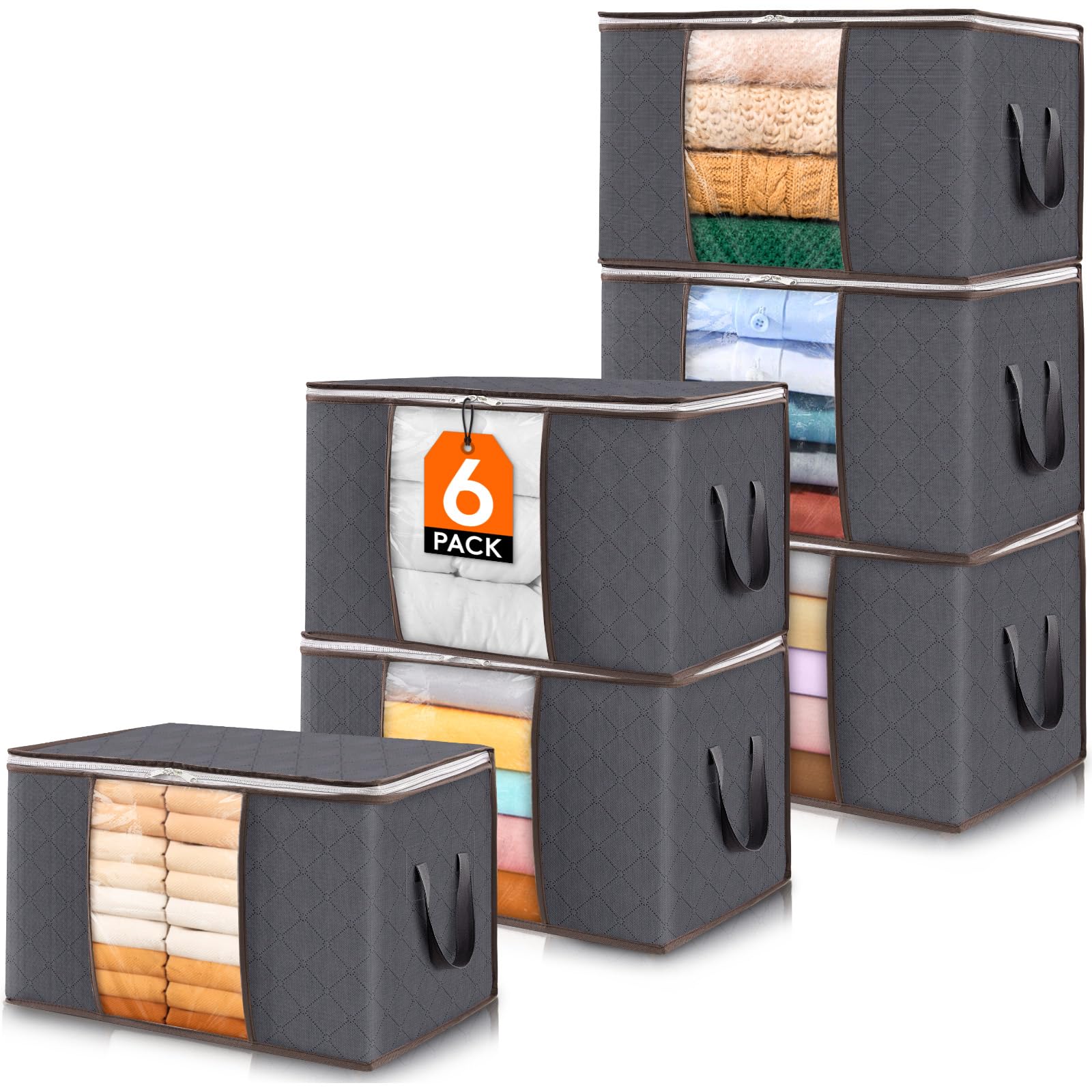 Lifewit 6-Pack Foldable Storage Bins with Lids & Zippers - Clear Window Closet Organizer for Clothes, Blankets, Sweaters & Bedding - Space Saving Solution for Home, Dorm & Travel Organization