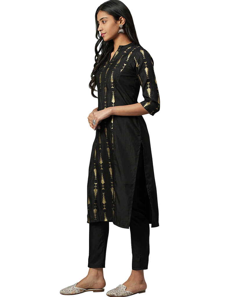 Black Poly Silk Pant Kurti for Women - Elegant Indian Tunic Top with Pants - Perfect for Festivals, Parties & Casual Wear