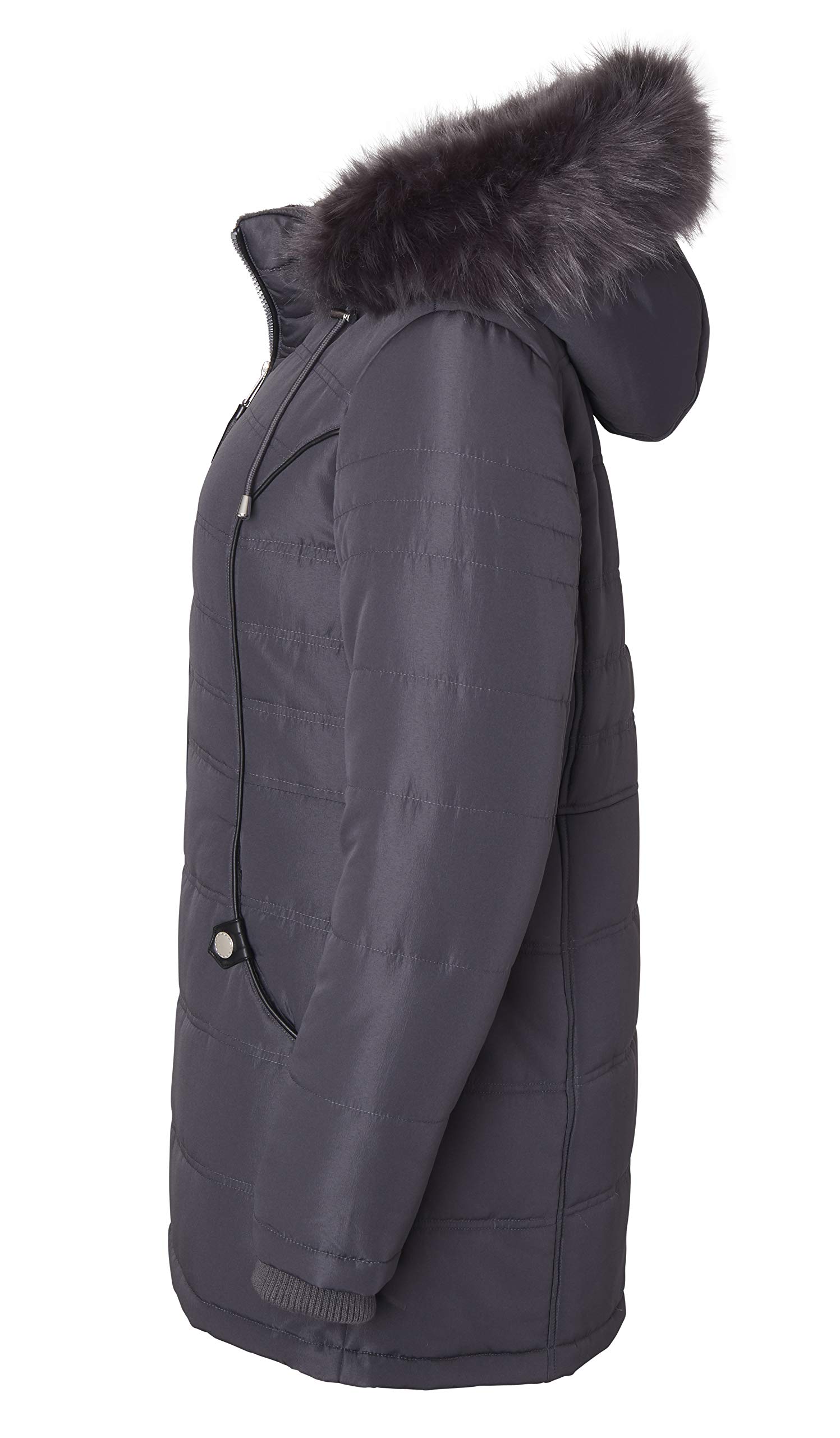 Women's Warm Long Down Alternative Puffer Jacket with Detachable Plush-Lined Fur Hood - Charcoal (Small) | Winter Coat for Cold Weather, Outdoor Activities & Daily Commute