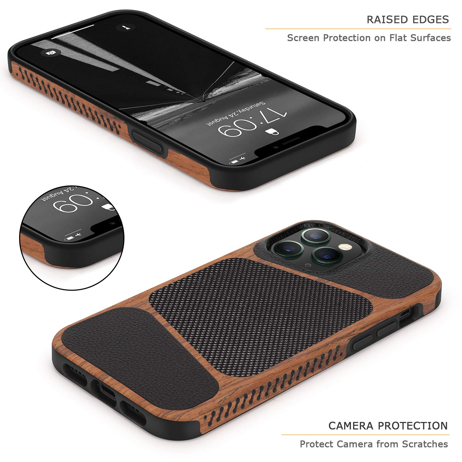 Tasikar iPhone 12 Pro Max Case - Wood Grain & Nylon Fabric Hybrid Slim Cover with Leather Design - Easy Grip Protective Phone Case (Black) - Perfect for Daily Use, Office & Travel Protection