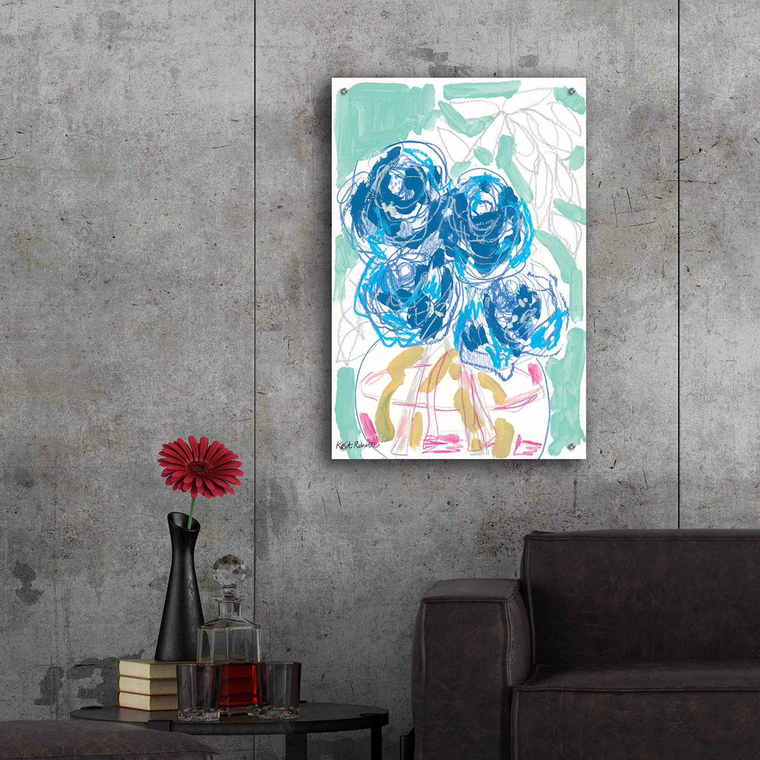 Kait Roberts 'Nightstand Blooms in Water' Acrylic Glass Wall Art - 24x36 Inches Modern Abstract Floral Painting - Perfect for Living Room, Bedroom & Office Decor