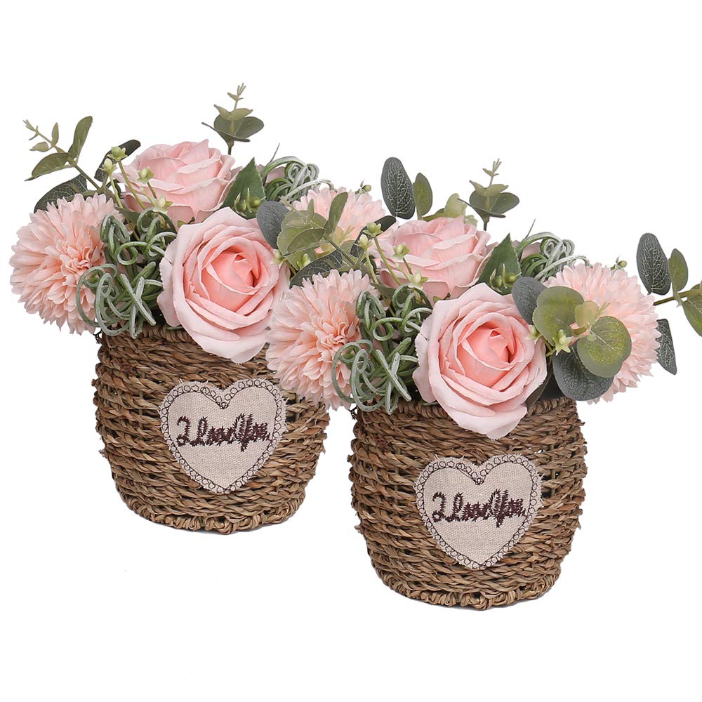 Premium Faux Silk Rose Bouquet in Basket - Set of 2 Light Pink Artificial Flowers for Home Decor, Wedding Centerpieces, Restaurant Table Arrangements | Perfect for Romantic Weddings, Anniversary Gifts & Farmhouse Style Decorating
