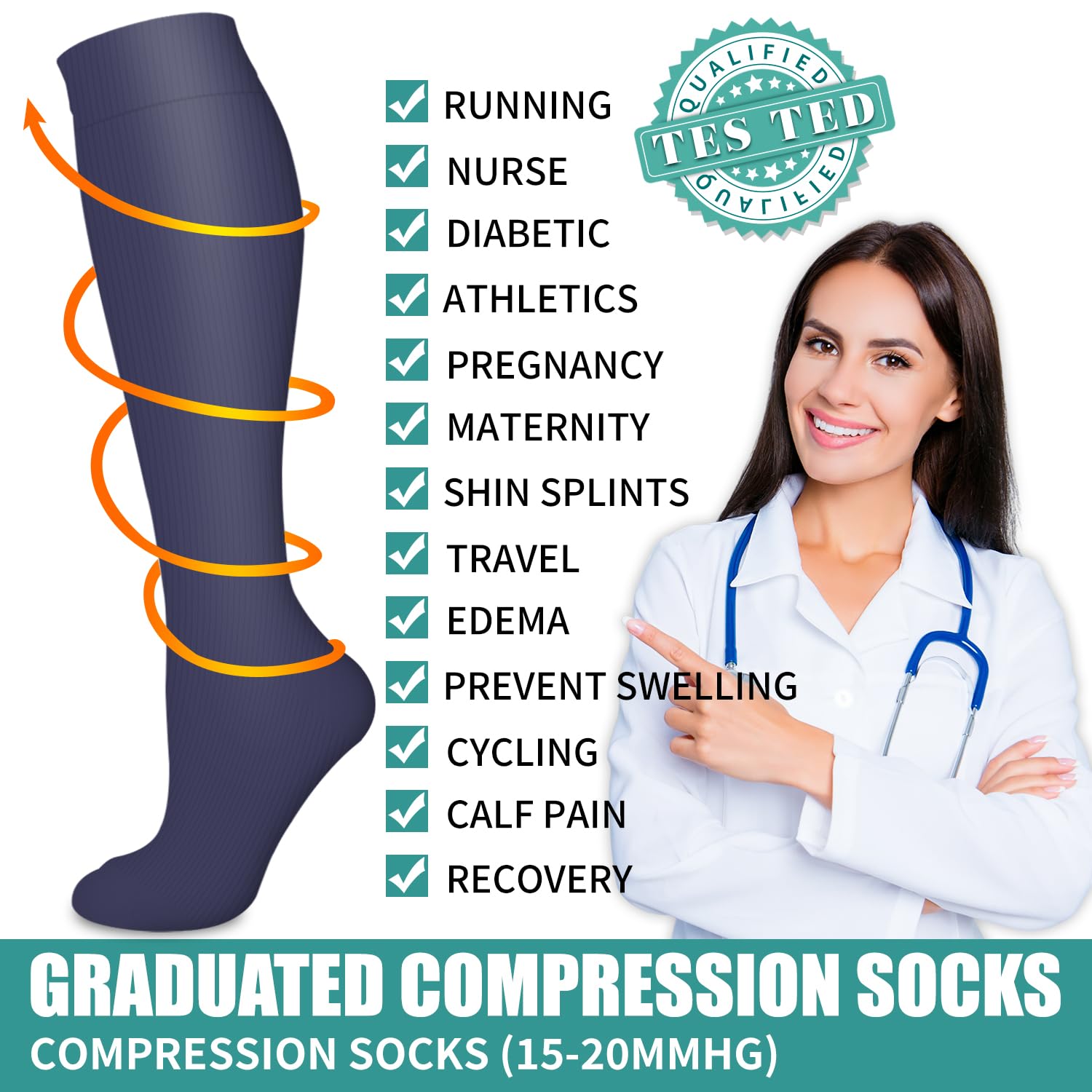 COOLOVER 3 Pack Compression Socks for Women & Men - Best Medical, Nursing, Travel & Flight Socks - Running & Fitness Support - Pregnancy Circulation Boost - Ideal for Nurses, Athletes & Frequent Flyers