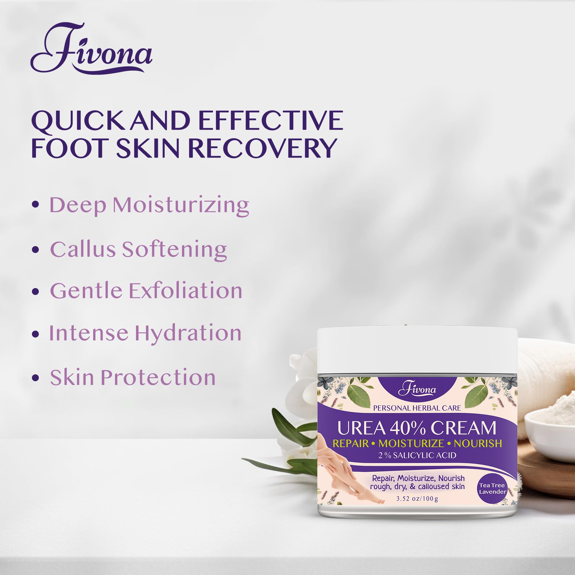 Fivona 4-in-1 Foot Care Kit with Epsom Salt & Essential Oils - Lavender Foot Soak Blend, Collapsible Basin, 40% Urea Cream for Dry Cracked Feet, Dual Action Foot File - Perfect for Pedicure, At-Home Spa & Foot Relaxation Therapy
