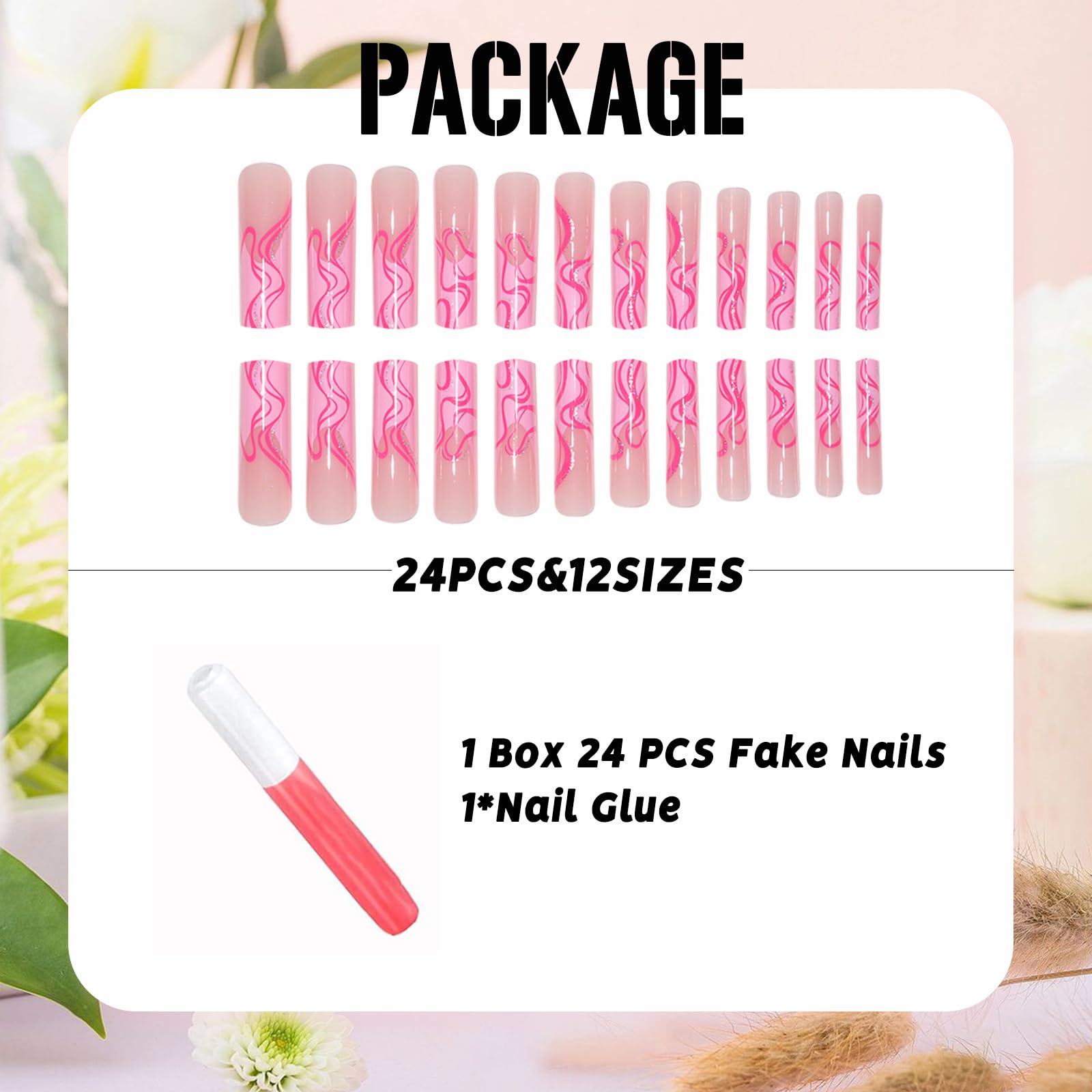 Valentine's Day Press on Nails - Extra Long Square French Tips with Glitter Pink Wave Designs | Glossy Squoval Fake Nails for Women | Full Cover Gel Glue on Nails | Perfect for Date Night, Parties & Special Occasions
