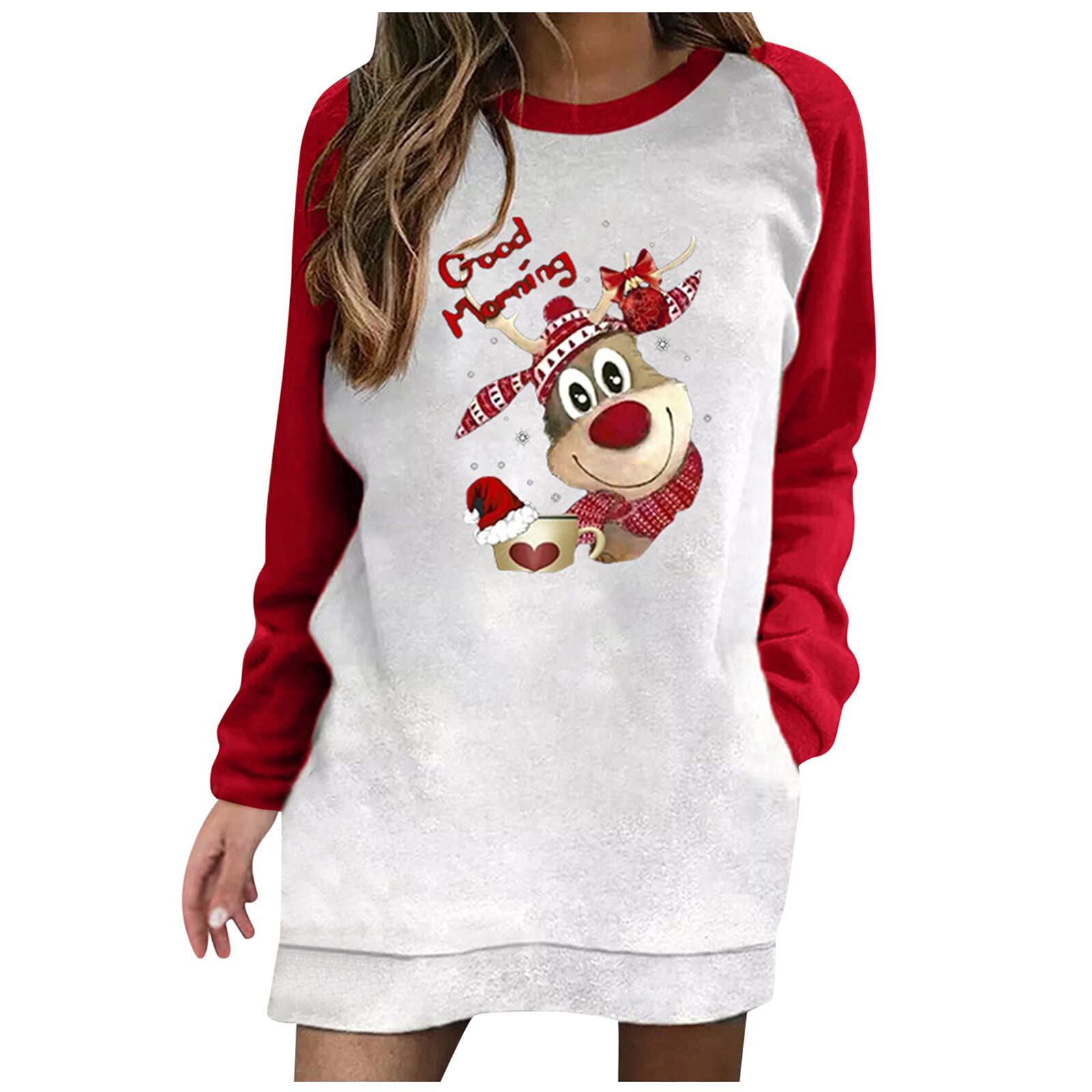 UYTOGOFE Women's Contrast Color Long Sleeve Pullover Sweatshirt Dress with Pocket - Cute Fawn Print Loose Fit Spring Casual Dress for Women | Perfect for Daily Wear, Weekend Outings & Cozy Fall Layering