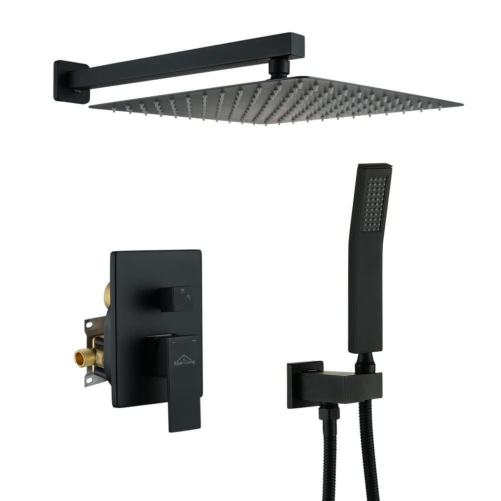 Premium 12 Inch Rainfall Shower System Set - High Pressure Matte Black Shower Head with Wall Mounted Faucet (2-Function) for Luxury Bathroom Upgrade | Perfect for Spa-Like Experience & Modern Home Decor