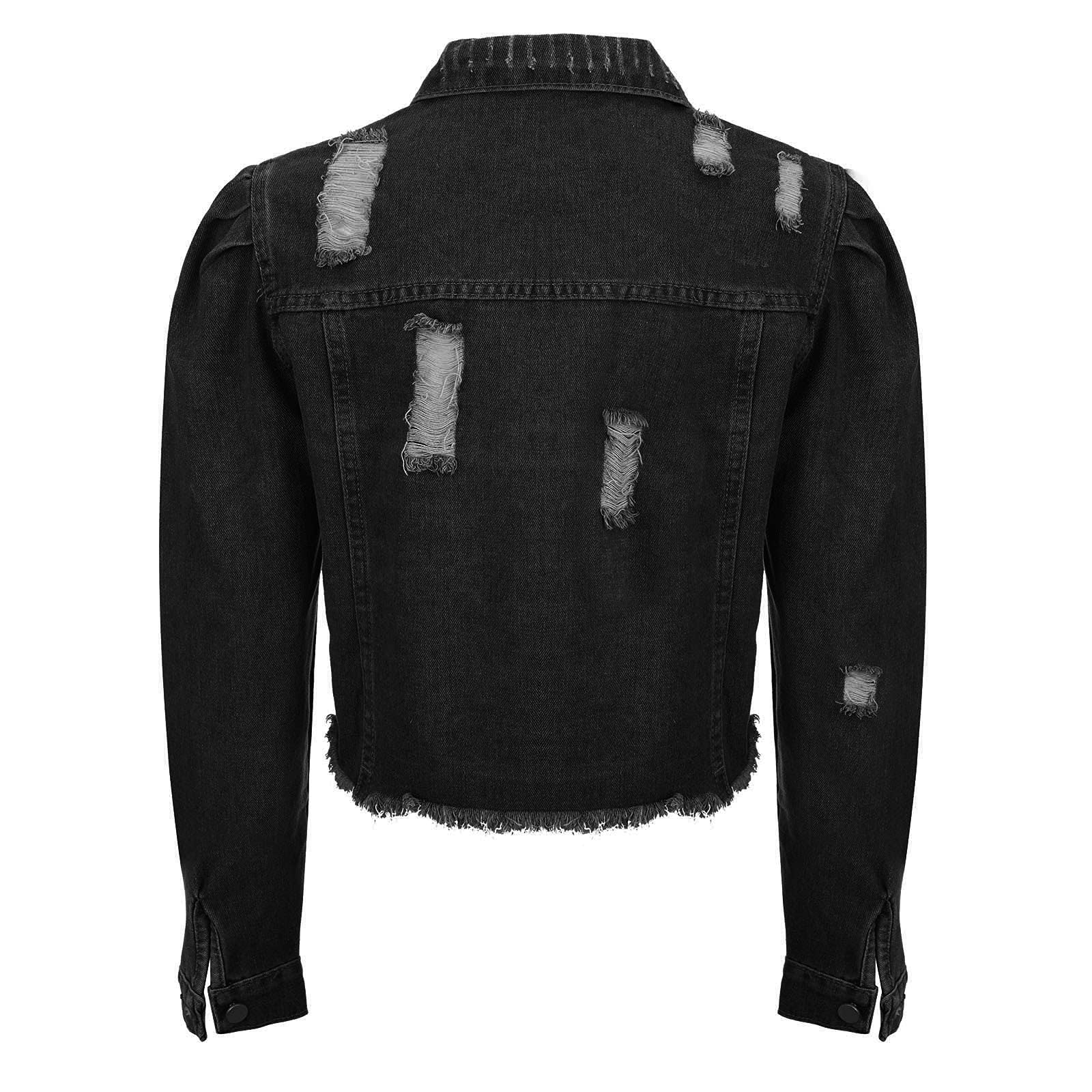 Vintage Distressed Denim Women's Short Down Coat with Pockets - Button Front Winter Jacket for Casual Outfits & Cold Weather Fashion