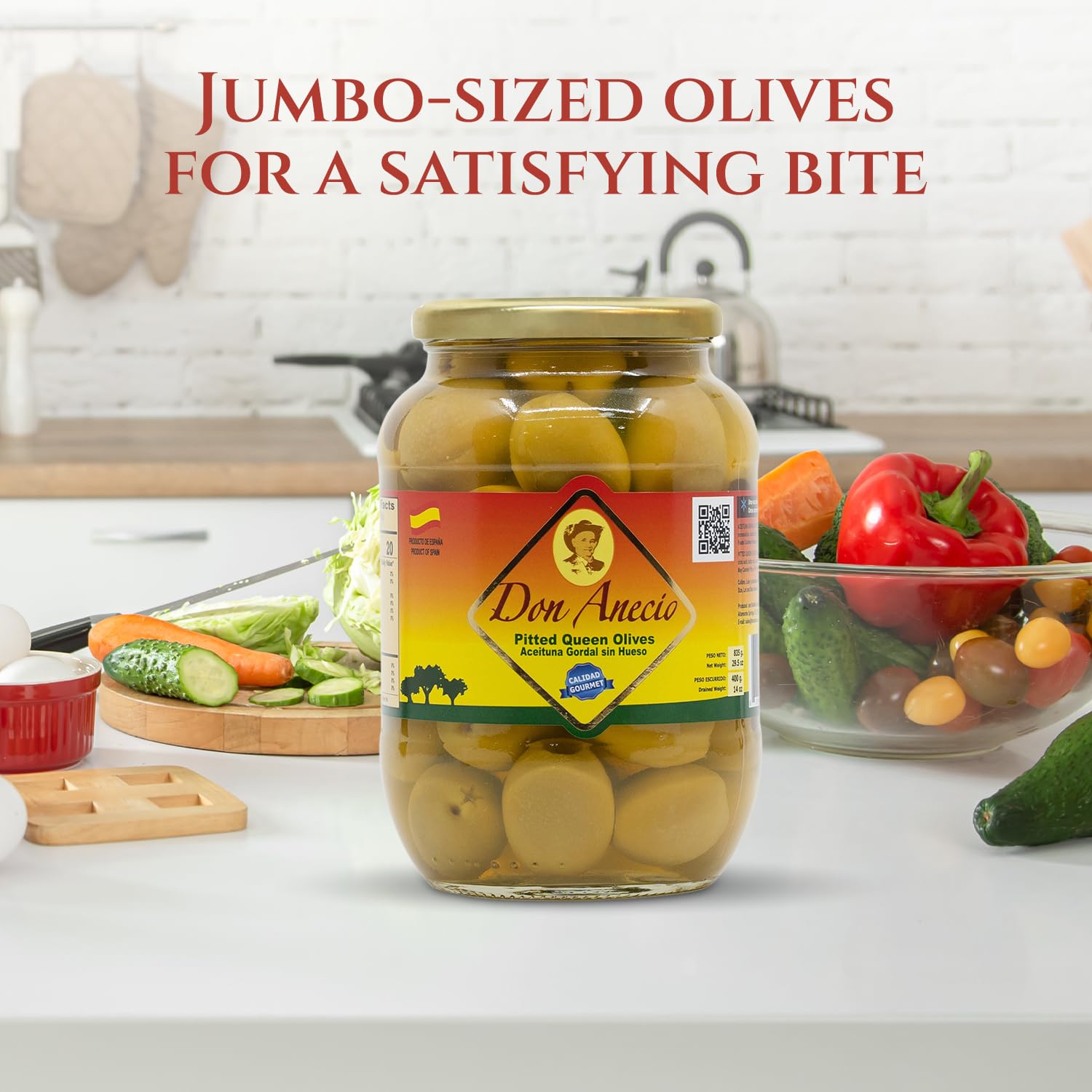 Don Anecio Premium Pitted Queen Green Olives - 29.5 Oz Jar, Gourmet Spanish Gordal Olives, Hand-Picked Jumbo Size, Authentic Mediterranean Delight - Perfect for Salads, Charcuterie Boards & Tapas