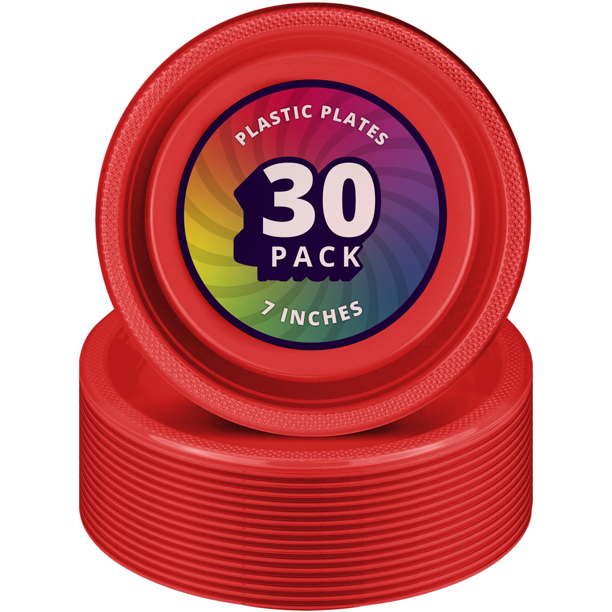 DecorRack 30-Pack 7 Inch Heavy Duty Disposable Plastic Plates for Kids Birthday Parties, Cake Desserts, Holiday Tableware - Red | Perfect for Birthday Celebrations, Baby Showers, Picnics & Family Gatherings