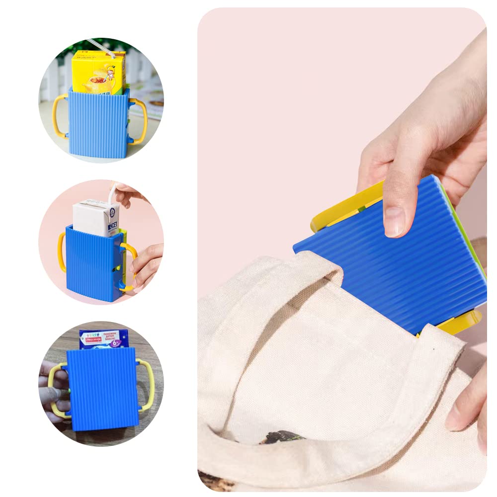 **No Squeeze Adjustable Juice Box Holder - LIUHUIZEYU Folding Milk Bag & Telescopic Cup Holder for Kids, No Spill (Blue) - Perfect for School Lunches, Picnics & Travel**