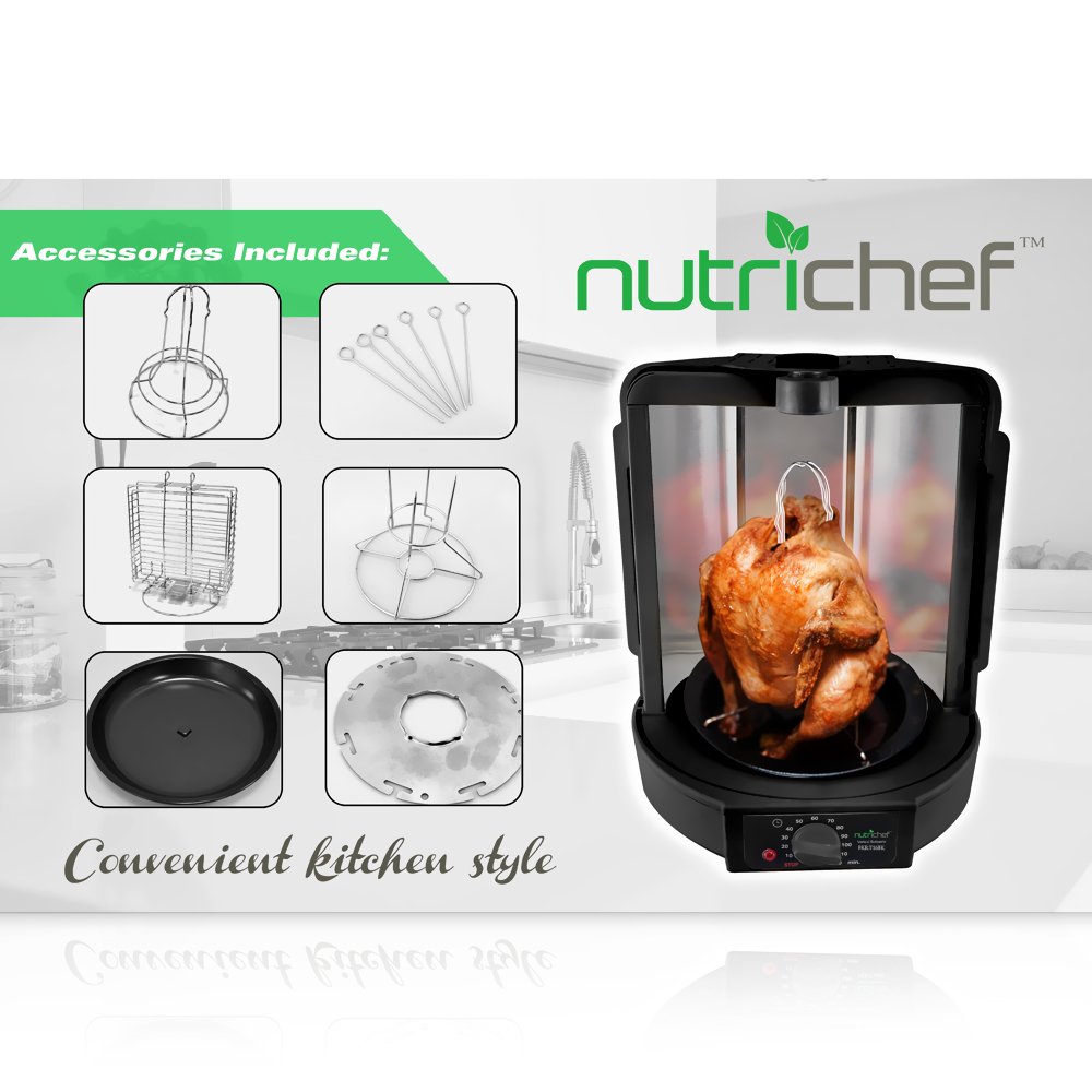 NutriChef Vertical Countertop Rotisserie Oven Roaster - Electric Shawarma & Kebab Grill Machine with Skewers, Rotisserie Rack, Basket Tower & Drip Tray - Perfect for Chicken, Turkey, Lamb - Ideal for Home Cooking, Parties & Outdoor BBQs