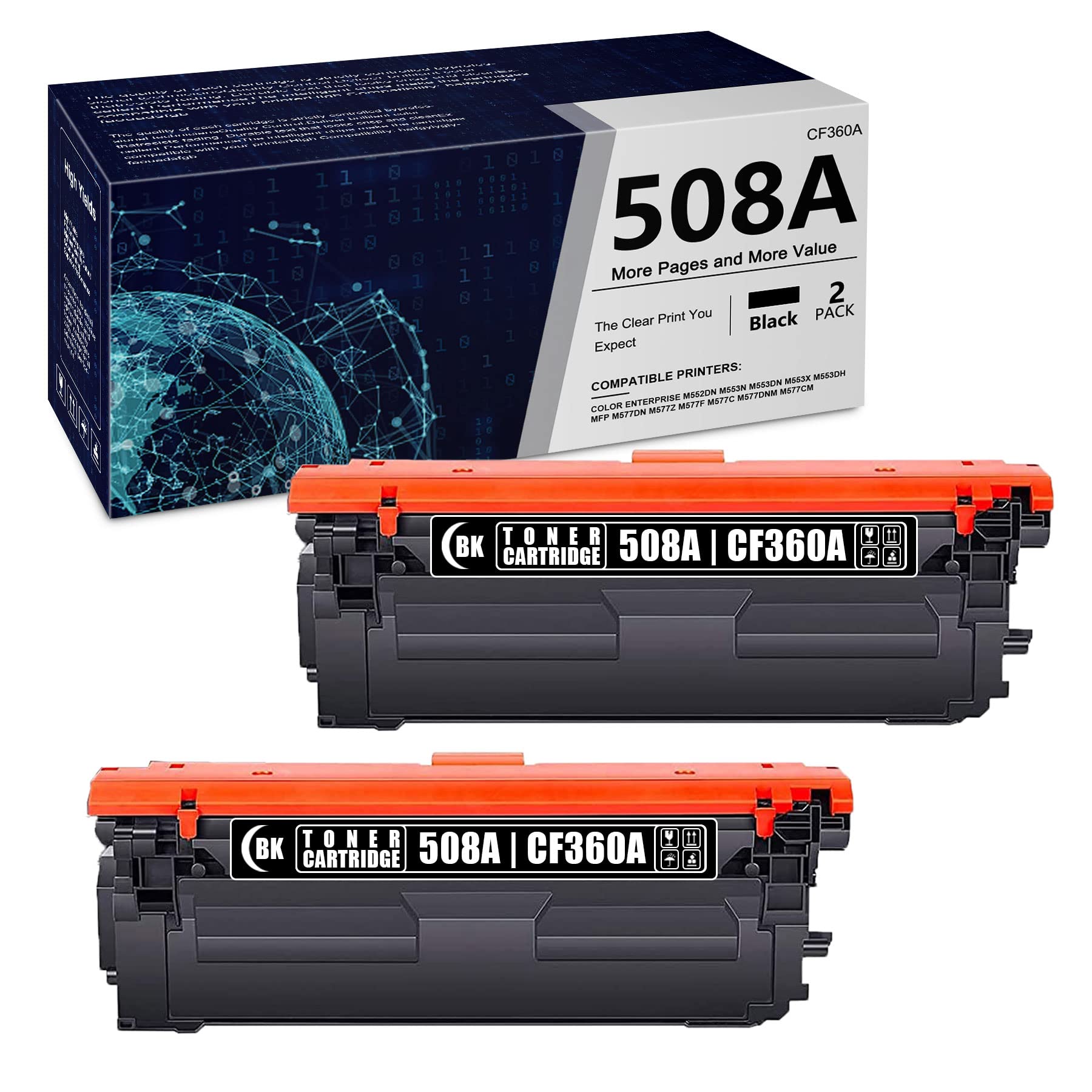 ZEOSEROE 2-Pack Black Toner Cartridge Replacement for HP Color Enterprise M552dn M553n M553dn M553x MFP M577 Series (508A/CF360A) - Compatible with 508X/CF360X - Ideal for Office Printing & High-Volume Document Production
