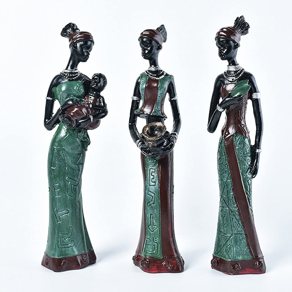 3-Piece African Tribal Women Sculpture Set - 7.5 Inch Resin Figurines, Handcrafted Home Decor Statues for Desktop, Shelf & Office | Unique Gift Idea for Housewarming, African-Themed Parties & Cultural Displays