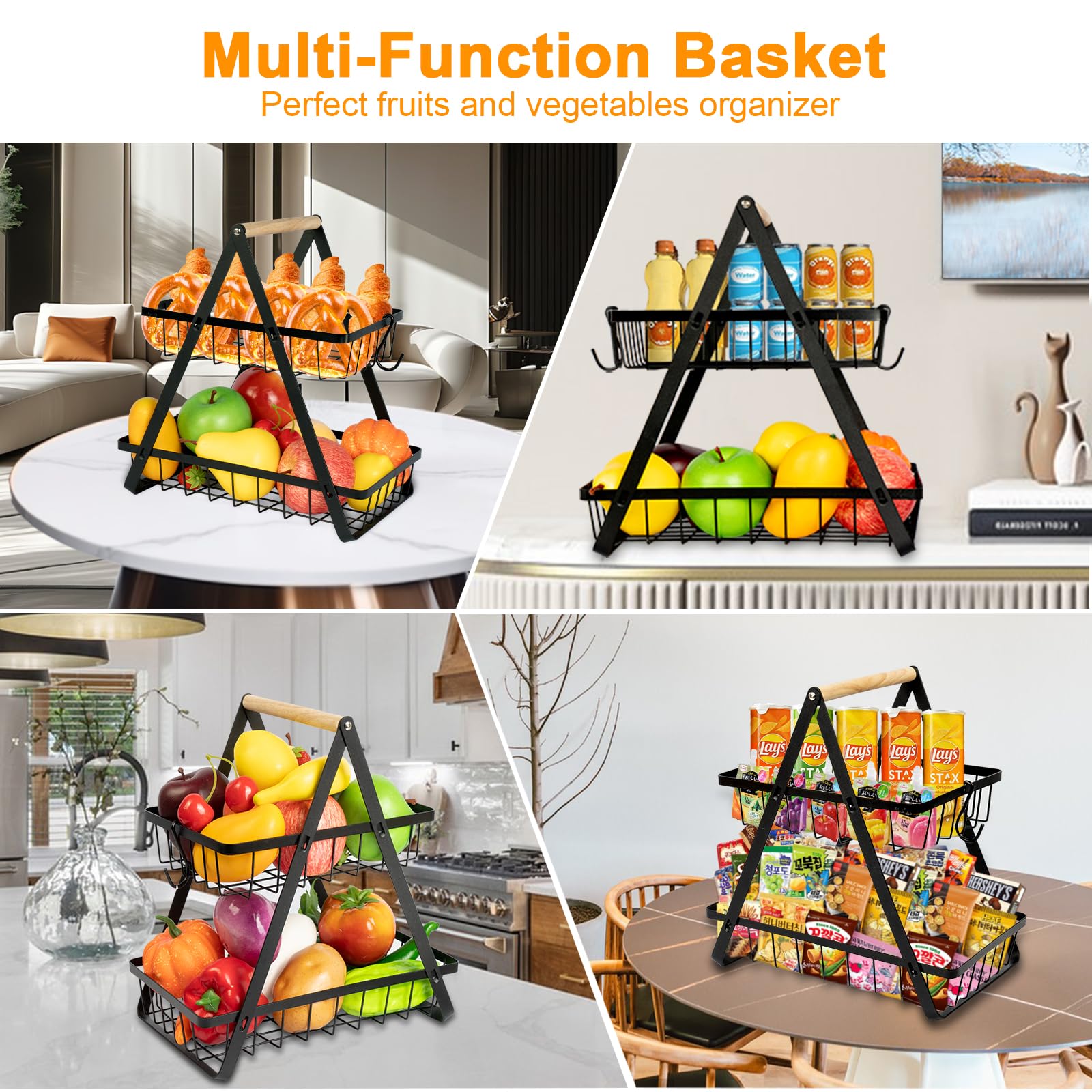 2 Tier Wooden Fruit Basket with Banana Hanger & Detachable Metal Holder - Kitchen Storage Organizer for Fruits, Vegetables, Bread & Snacks - Perfect for Countertop, Pantry & Dining Table Organization
