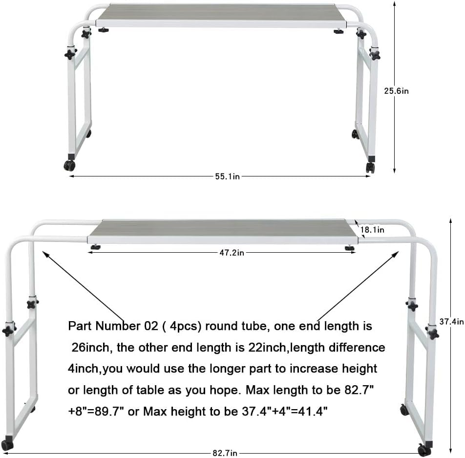 Adjustable Overbed Table with Wheels - Rolling Laptop Desk for Hospital, Home & Office - White - Perfect for Eating, Working & Reading in Bed