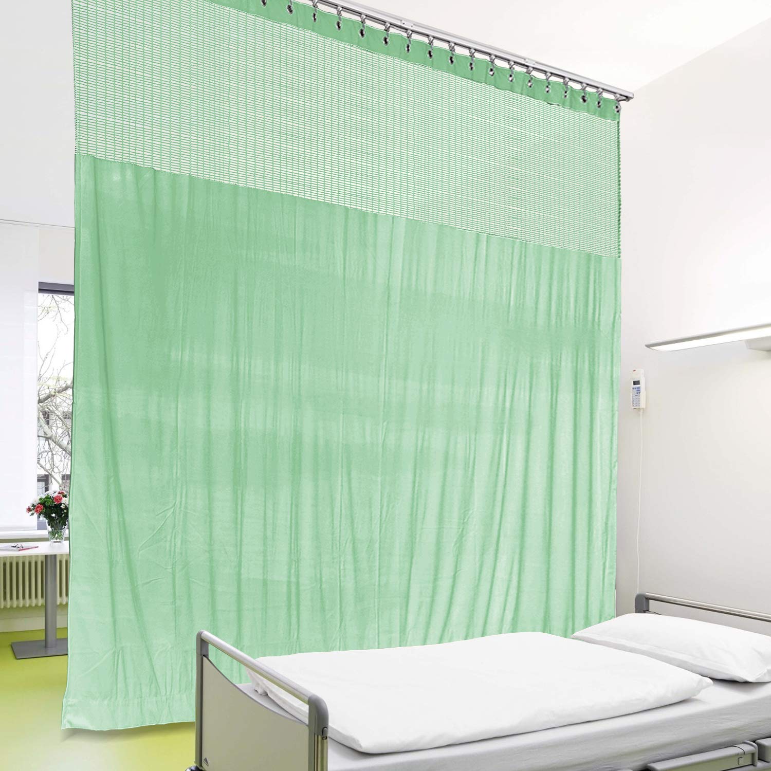 Cololeaf 10ft Wide x 8ft Tall Nickel Grommet Medical Privacy Curtain - Flexible Hospital & Clinic Room Divider for High Ceilings - Green Customizable Curved Decorative Curtain for Labs, Patient Rooms & Healthcare Facilities