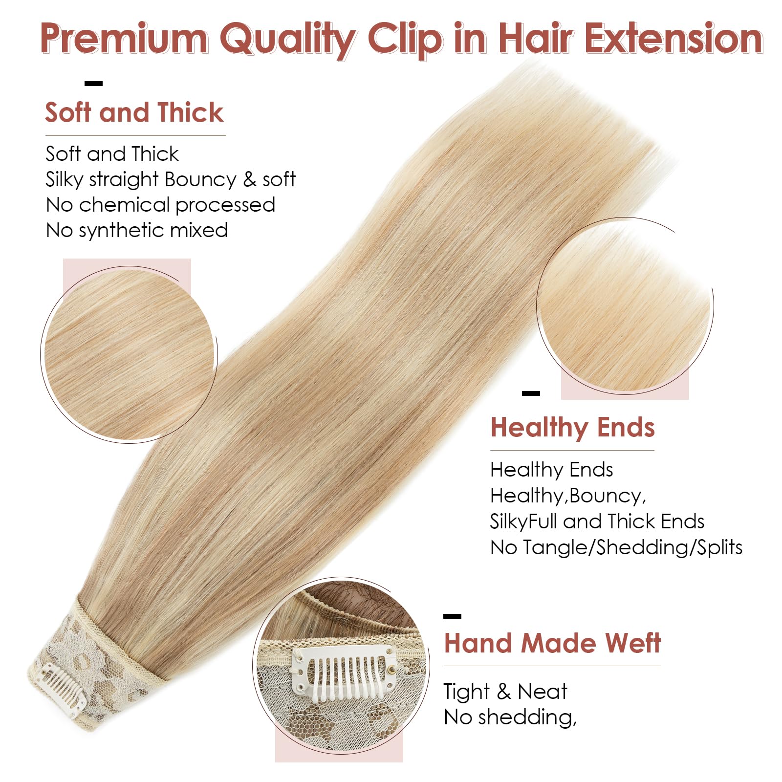 Benehair One Piece Clip in Hair Extensions - 100% Real Human Hair, 3/4 Full Head V-Shaped Weft with 5 Clips (22