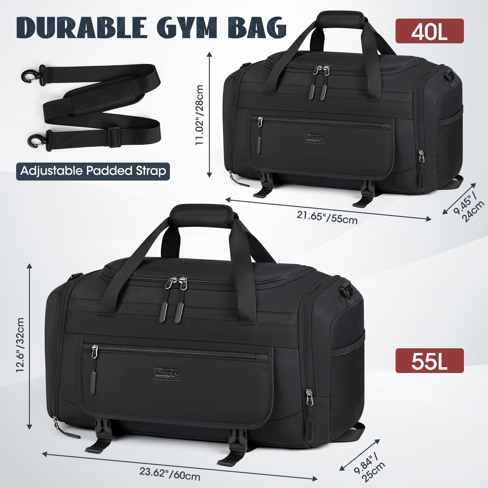 **55L Waterproof Gym Bag for Men & Women - Sports Duffel Bag with Wet Pocket & Shoe Compartment - Large Travel Duffle Bag for Workout, Weekend Trips, Overnight Stay, Beach & Carry-On Use - Black**