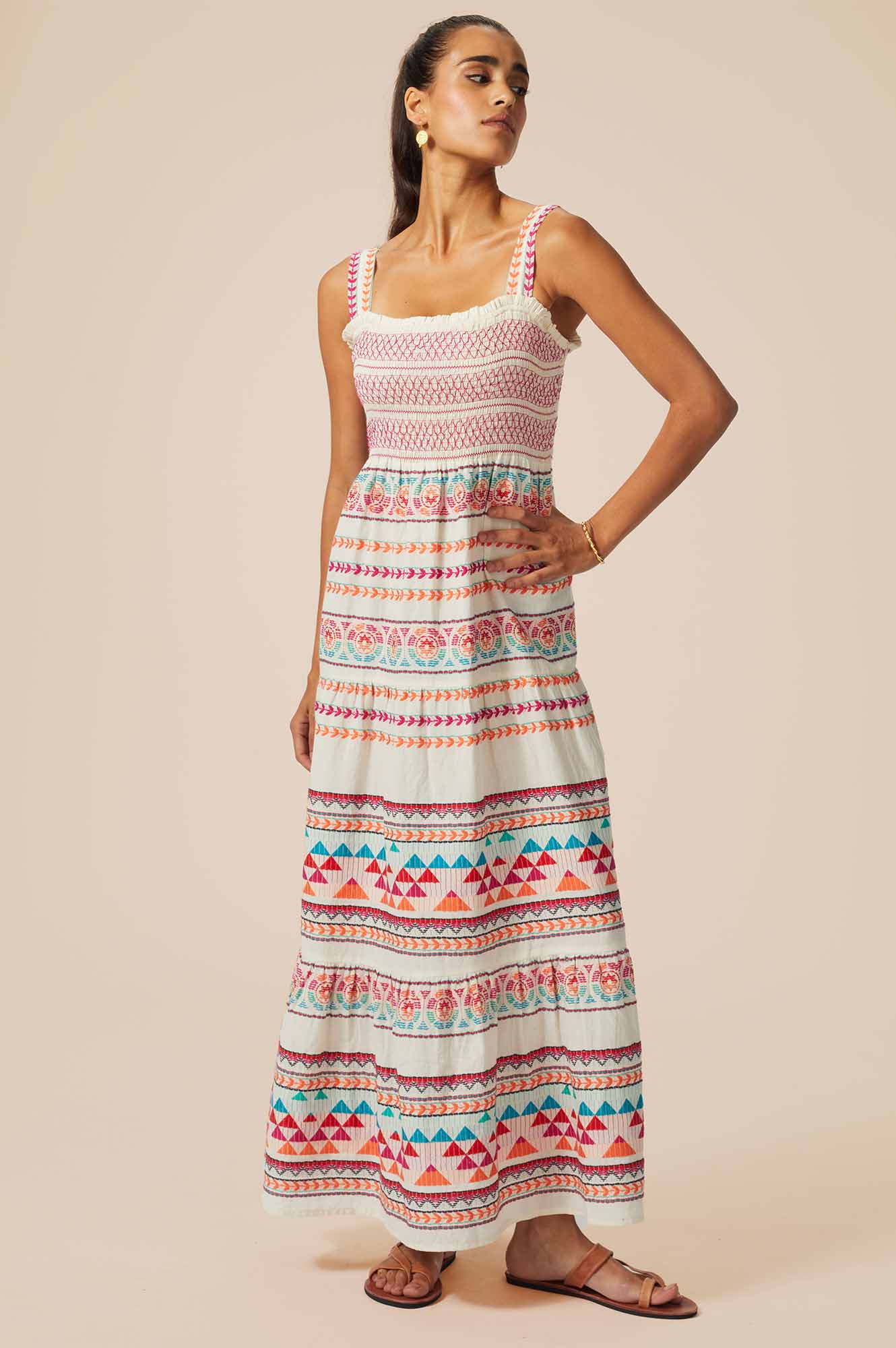 Floral Jacquard Sundress for Women - Lightweight Summer Dress with Puff Sleeves | Ecru & Multi Color Boho Maxi Dress | Perfect for Beach Vacation, Garden Party & Casual Outings