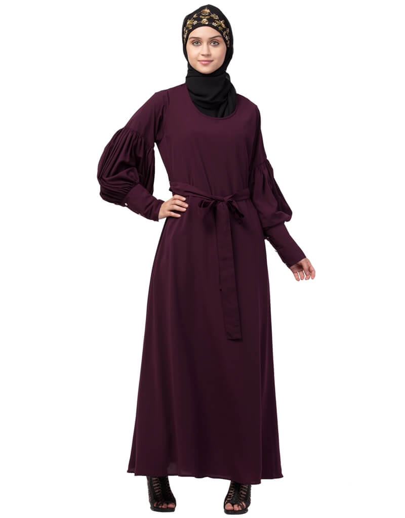 Elegant Arabic Long Cuff Full Balloon Sleeve Belted A-Line Abaya Dress in Wine Red - Perfect for Modest Fashion, Islamic Occasions & Special Events