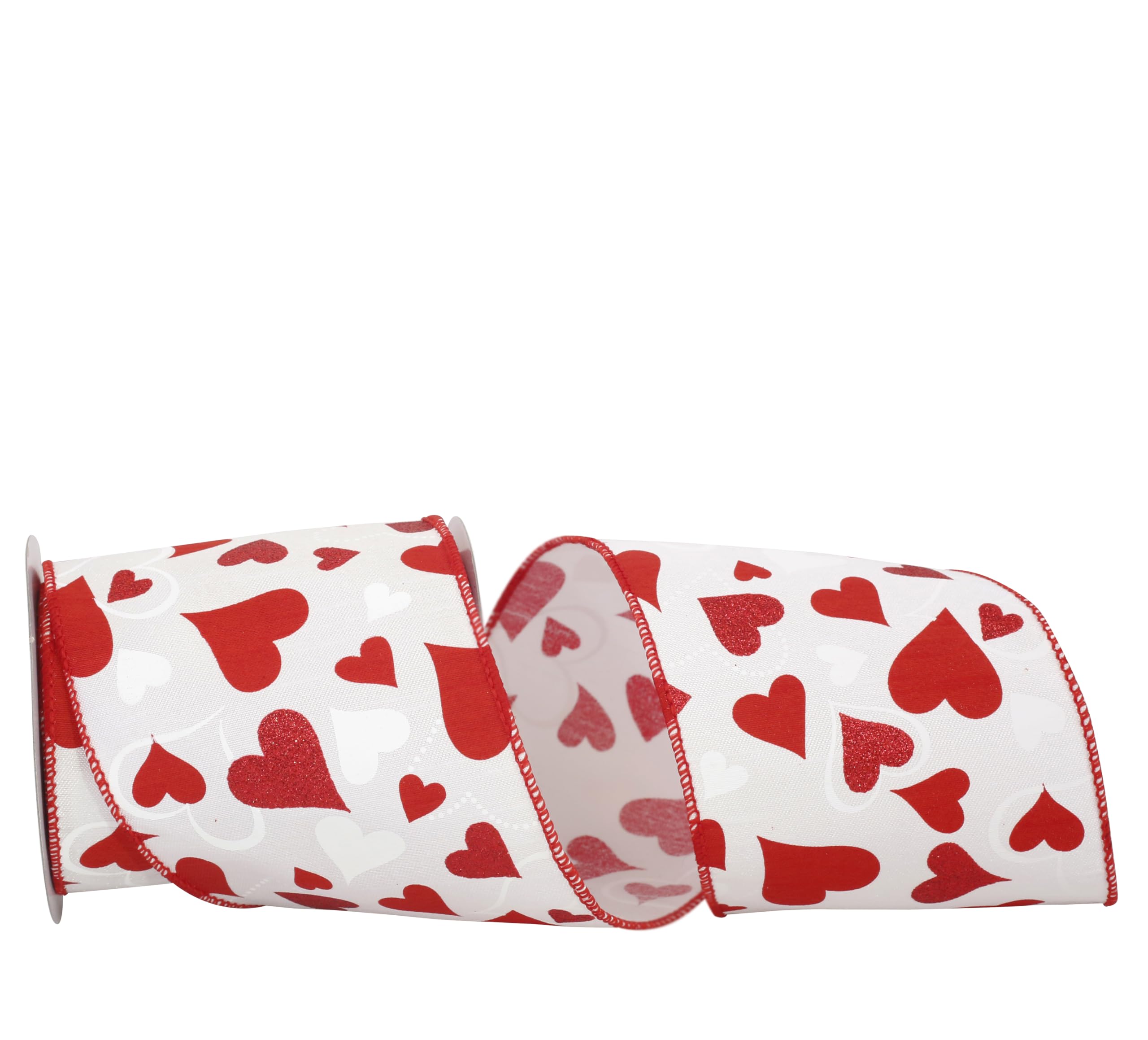 Reliant Ribbon Dupioni Heart Tales Glitter Wired Edge Ribbon - 4 Inch x 10 Yards, White/Red - Perfect for Gift Wrapping, Wedding Decorations & DIY Crafts