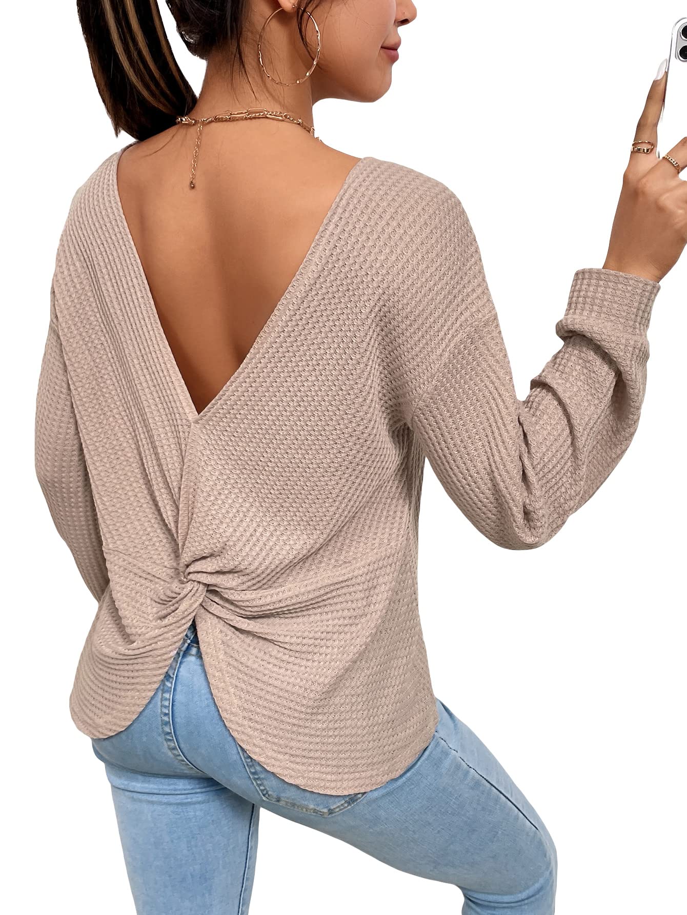 Floerns Women's Twist Backless Drop Shoulder Waffle Knit Shirt - Casual Loose Fit Tee Top for Summer Outfits, Beach Wear & Date Night