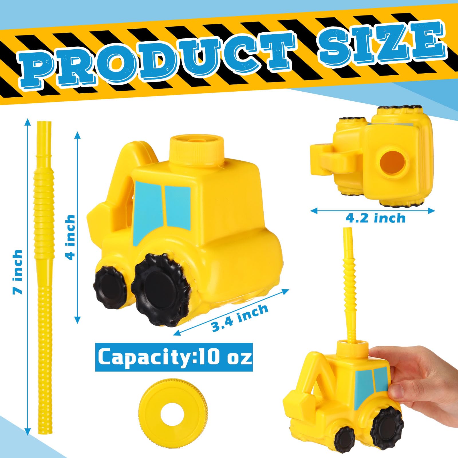 Tanlade 12-Pack Excavator Shaped Reusable Plastic Cups with Straws - Construction Themed Party Supplies for Kids Birthday, Digger Themed Events & Construction Playtime Fun