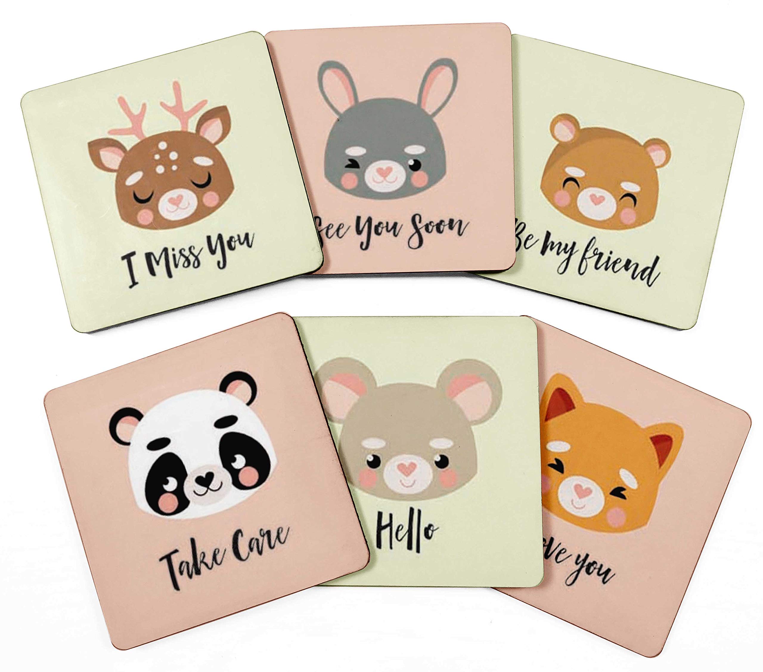 Set of 6 Easy Clean 4-Inch Square Drink Coasters with Cork Base - Reusable Baby Animal Design - Perfect for Home, Office, and Party Use