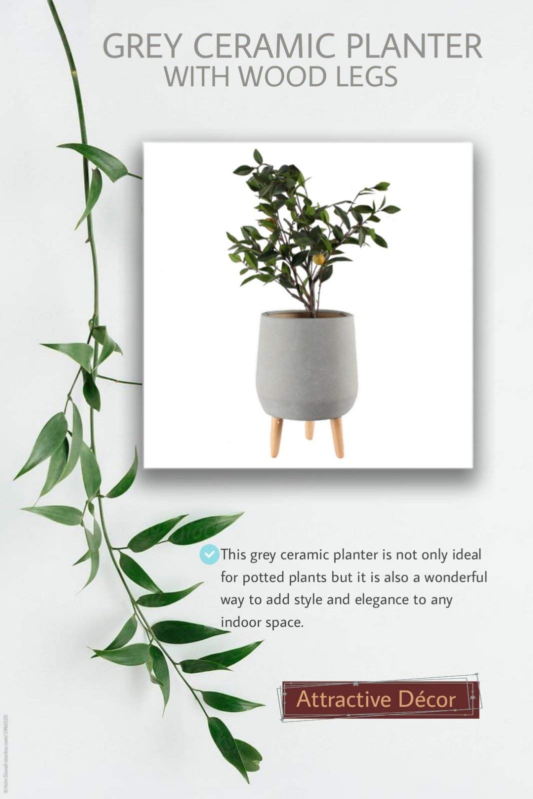 Serene Spaces Living Grey Ceramic Plant Pot Holder with Wooden Legs - 15.75