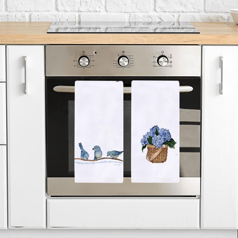 Blue Birds & Hydrangea Floral Kitchen Dish Towels Set of 2 - 18