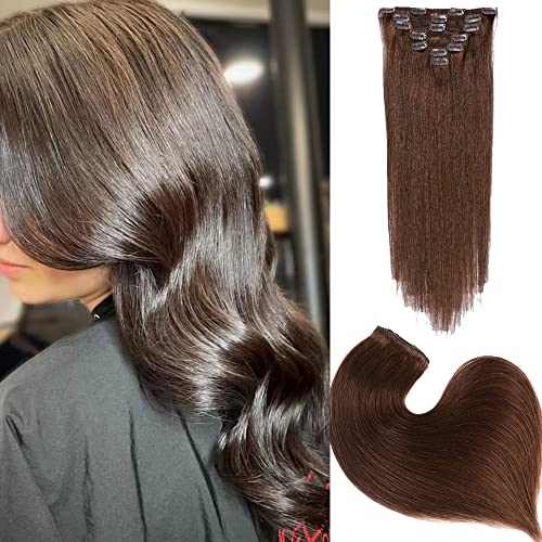 Premium 18 Inch Clip In Human Hair Extensions - 7pcs Double Weft Remy Hair #4A Chocolate Brown - Silky Straight Natural Human Hair for Women - Full Head Coverage with 16 Clips (70g) - Perfect for Daily Styling, Special Occasions & Volume Boost