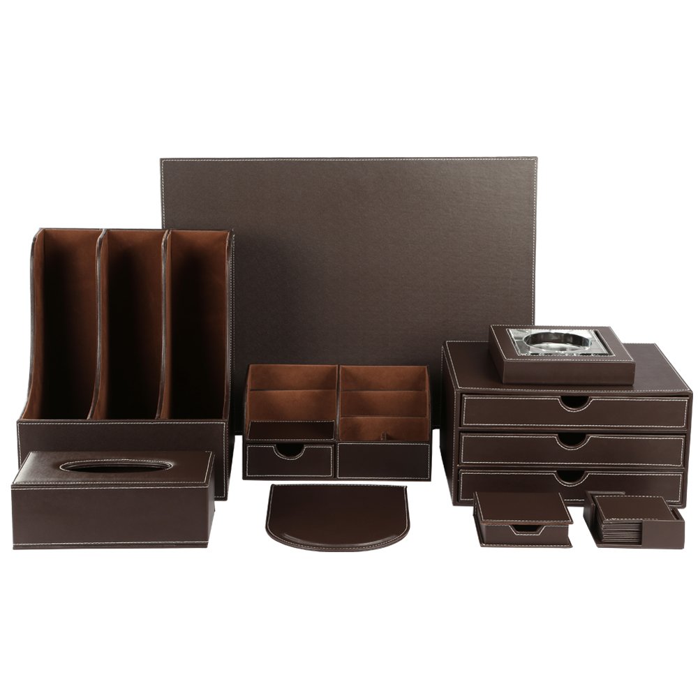 KINGFOM 9-Piece Desk Organizer Set - File Holder, Drawer Organizer, Tissue Box Cover, Mouse Pad, Desk Mat, Note Holder, Crystal Stand & Coasters - Office & Home Workspace Essentials (T04 Brown) - Perfect for Office, Study & Home Organization