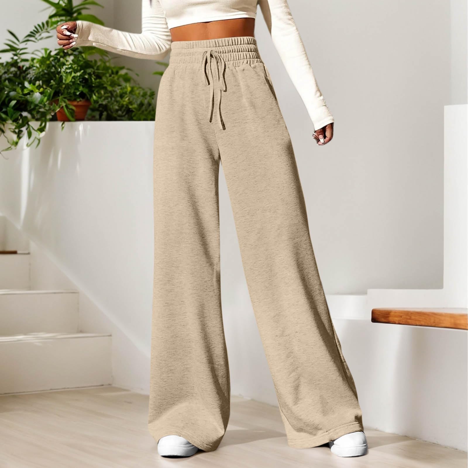 Women's Wide Leg Sweatpants - Winter Baggy Straight Leg Lounge Pants with Pockets, Plus Size Drawstring Flare Sweatpants for Casual Wear, Yoga & Home Comfort