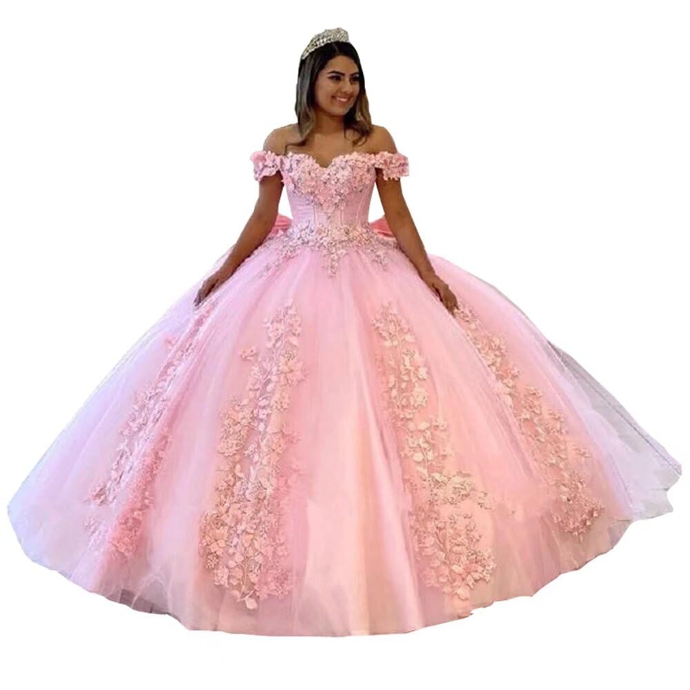 3D Floral Lace Applique Off-Shoulder Ball Gown with Crystal Tulle & Puffy Sleeves - Elegant Quinceanera Dress for 2025 | Perfect for Sweet 16, Prom, Wedding & Special Occasions