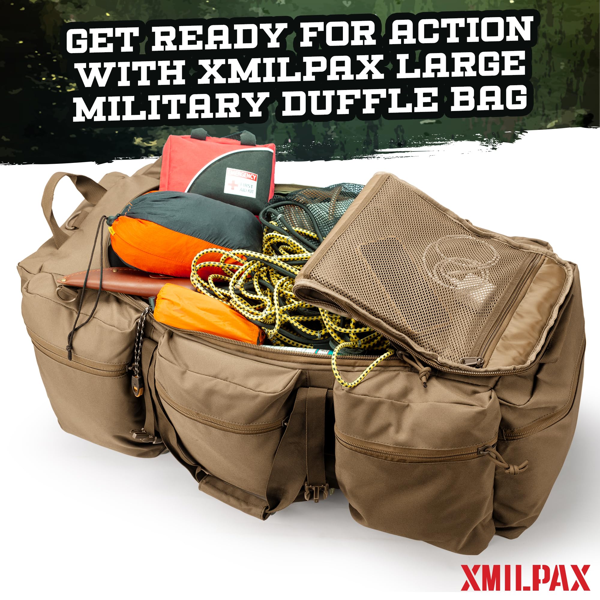 XMILPAX 100L Large Military Duffle Bag - Heavy Duty Deployment Duffel for Travel, Sports Equipment & Gym Gear - Detachable Backpack Straps - Coyote Tan - Perfect for Camping, Hiking & Military Use