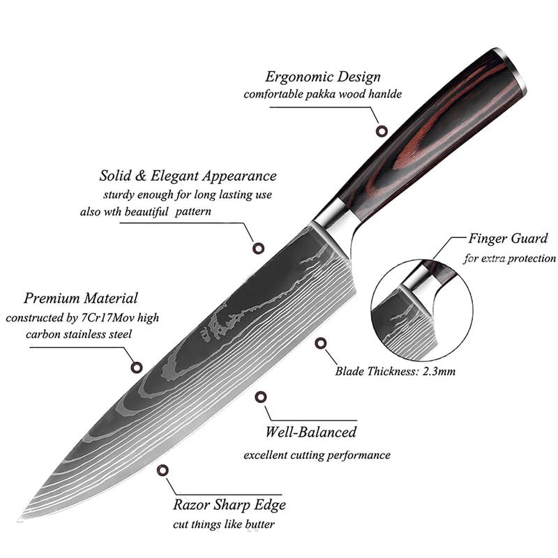 KEPEAK 5-Piece Kitchen Knife Set - High Carbon Steel Chef Knife, Santoku, Cleaver & Paring Knives with Pakkawood Handle - Perfect for Slicing Vegetables, Meat & Fruit in Home Cooking & Professional Kitchens
